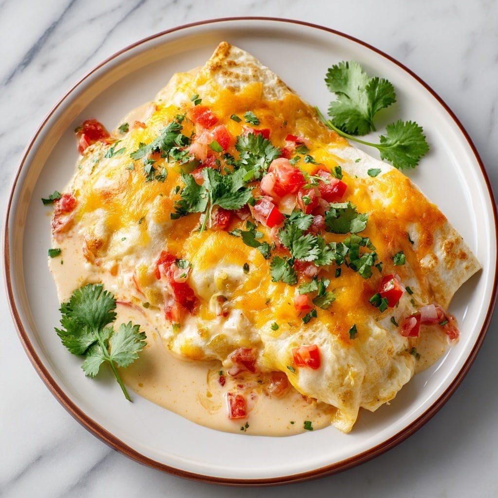 The dish shows a white plate with a two-layer enchilada covered in a creamy light beige sauce with visible small pieces of green and red peppers mixed in the sauce. The top layer is covered with melted yellow cheese that stretches slightly on one side, and fresh green cilantro leaves are scattered on top, adding color contrast. The enchilada sits on a white marbled surface with a soft cloth napkin partially visible in the background. photo taken with an iphone --ar 1:1 --v 7 — Jalapeño Chicken Enchiladas with Cheese, cheesy enchiladas with jalapeños, spicy chicken enchiladas, easy chicken enchiladas recipe, cheesy baked enchiladas