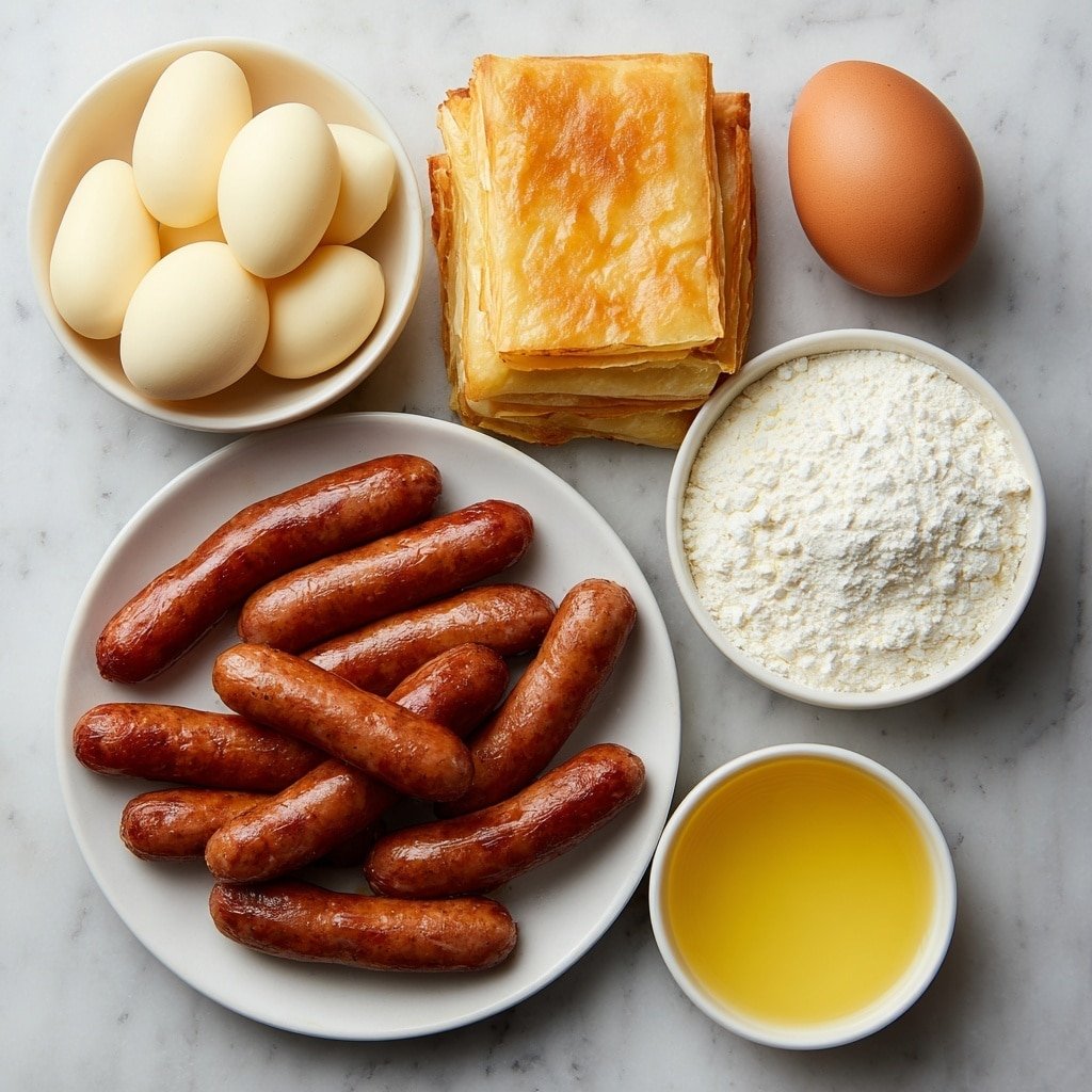 Flat lay of a cluster of small, plump mini sausages with natural reddish-brown skins, several smooth, pale yellow mozzarella cheese sticks, a single sheet of pale golden, flaky puff pastry unfolded flat, one clean whole light brown egg with an uncracked shell, a small white ceramic bowl containing a smooth golden-yellow beaten egg wash liquid, all neatly arranged in perfect symmetry on a simple white ceramic plate and bowls placed on a clean white marble surface, soft natural light, photo taken with an iPhone, professional food photography style, fresh ingredients, white ceramic bowls, no bottles, no duplicates, no utensils, no packaging --ar 1:1 --v 7 --p m7354639359234015250 — Cheese-filled Pigs in a Blanket, savory appetizer recipes, easy finger foods, crowd-pleasing party snacks, cheesy sausage bites