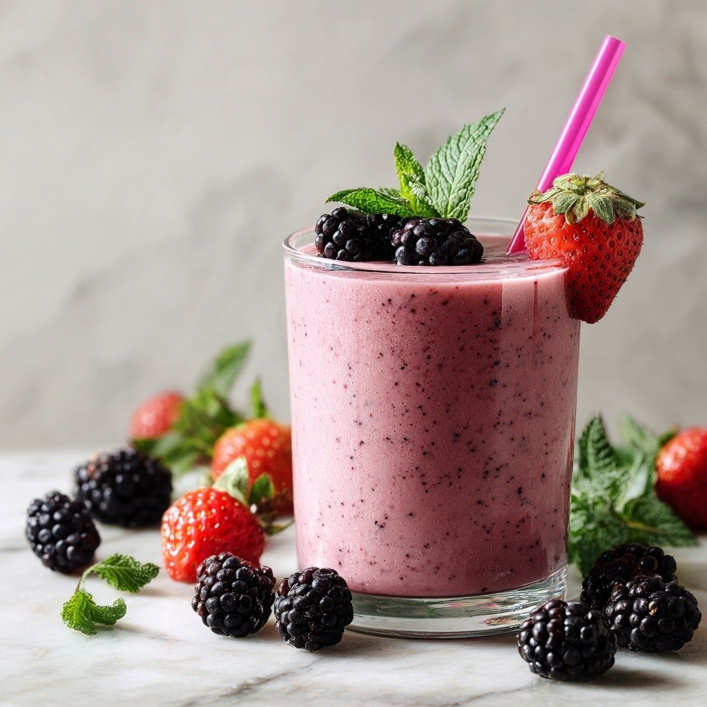 A clear glass filled with a pink creamy smoothie that has small red and purple specks spread evenly inside. The top layer is decorated with a bright red strawberry, fresh red raspberries, dark purple blackberries with a frosty look, and shiny blue blueberries, along with a green mint leaf placed near the strawberry. Two white straws with pink stripes are inserted into the smoothie, one leaning slightly outward. The glass is sitting on a dark round board surrounded by scattered blueberries, blackberries, a strawberry, and green mint leaves. The background is a white marbled texture. photo taken with an iphone --ar 1:1 --v 7 — Mixed Berry Smoothie, healthy berry smoothie, quick breakfast smoothie, homemade fruit smoothie, refreshing berry drink