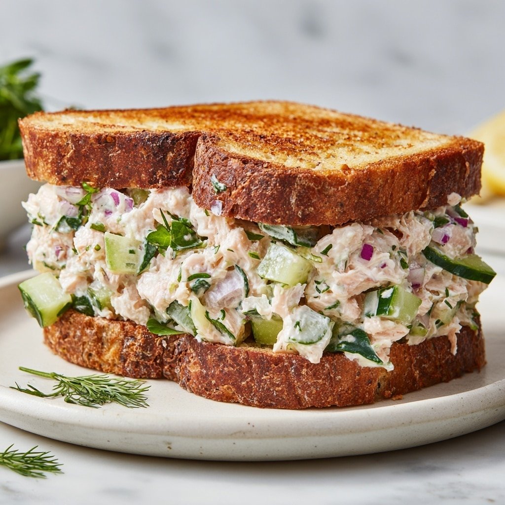 A thick sandwich sits on a white plate with a dark inner surface, placed on a white marbled background. The sandwich has two toasted slices of bread with visible seeds and a golden brown texture on top and bottom. Between the slices, there is a generous layer of creamy chicken salad mixed with small pieces of green celery, leafy green herbs, and thin slices of purple onion, giving it a chunky and colorful look. Under the chicken salad, fresh green leafy arugula slightly peeks out at the edges. Behind the sandwich, a lemon wedge and a small slice of radish rest on the plate, adding fresh color to the scene. Photo taken with an iphone --ar 1:1 --v 7 — Tuna Salad Sandwich, classic tuna salad sandwich, tuna sandwich ideas, easy tuna salad recipe, best tuna salad sandwich