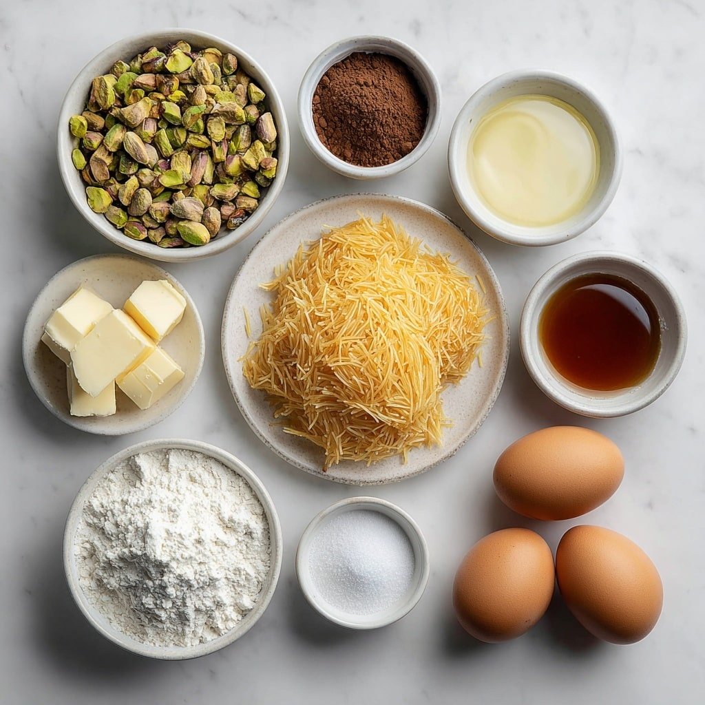 Flat lay of a small mound of shredded golden kunafa dough, a few pats of melted butter pooling slightly on a simple white ceramic plate, a small white bowl filled with glossy brown sugar syrup, a small white bowl of light golden melted butter, two large uncracked brown eggs with smooth clean shells, a small white bowl of rich dark cocoa powder, a small white bowl of fine white all-purpose flour, a small white bowl of fine granulated white sugar, a small white bowl of light to medium brown soft brown sugar, a small white bowl of pale beige unsalted butter chunks, a small white ceramic dish with a heap of chopped bright green roasted pistachios, a few white ceramic bowls arranged perfectly symmetric and balanced all placed on a clean white marble surface, soft natural light, photo taken with an iPhone, professional food photography style, fresh ingredients, white ceramic bowls, no bottles, no duplicates, no utensils, no packaging --ar 1:1 --v 7 --p m7354639359234015250 — Pistachio Kunafa Brownies, Kunafa Brownies with Pistachios, Middle Eastern dessert recipes, Fudgy Brownies with Kunafa topping, Nutty dessert recipes