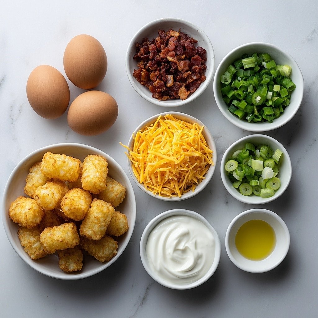 Flat lay of crispy golden tater tots arranged in a pile, four whole large brown eggs with clean shells, a small white ceramic bowl of crumbled cooked bacon, a small white ceramic bowl of bright orange shredded cheddar cheese, a small white ceramic bowl of chopped vibrant green onions, a small white ceramic bowl of diced colorful bell peppers (red, yellow, and green), a small white ceramic bowl of smooth white sour cream, and a small white ceramic bowl of glossy olive oil, all placed symmetrically on a clean white marble surface, soft natural light, photo taken with an iPhone, professional food photography style, fresh ingredients, white ceramic bowls, no bottles, no duplicates, no utensils, no packaging --ar 1:1 --v 7 --p m7354639359234015250 — Tater Tot Breakfast Bowl, hearty breakfast recipes, easy breakfast ideas, breakfast with tater tots, savory breakfast bowls