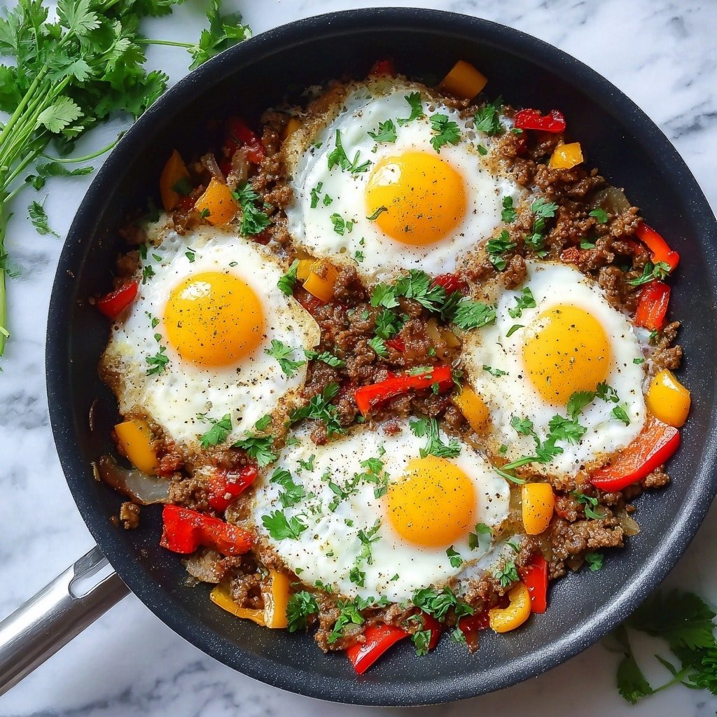A black cooking pan filled with four sunny-side-up eggs with bright yellow yolks and whites cooked but soft on the edges, placed roughly evenly apart. Around and between the eggs are cooked browned ground meat pieces mixed with red and yellow bell pepper strips and small chopped onions. The dish is sprinkled with chopped green parsley and some black pepper, creating a fresh and colorful look. The pan sits on a white marbled surface with a bunch of fresh parsley and a blue cloth nearby. photo taken with an iphone --ar 1:1 --v 7 — Turkey and Egg Breakfast Skillet, quick breakfast skillet recipes, hearty morning skillet ideas, savory egg and turkey breakfast, easy weekend breakfast meals