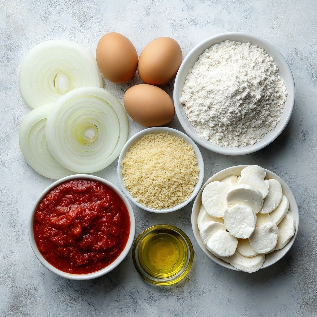 Mozzarella Stuffed Onion Rings Recipe - Ingredients Image — Mozzarella Stuffed Onion Rings, crispy stuffed onion rings, cheesy onion rings, easy appetizer recipes, savory snack ideas