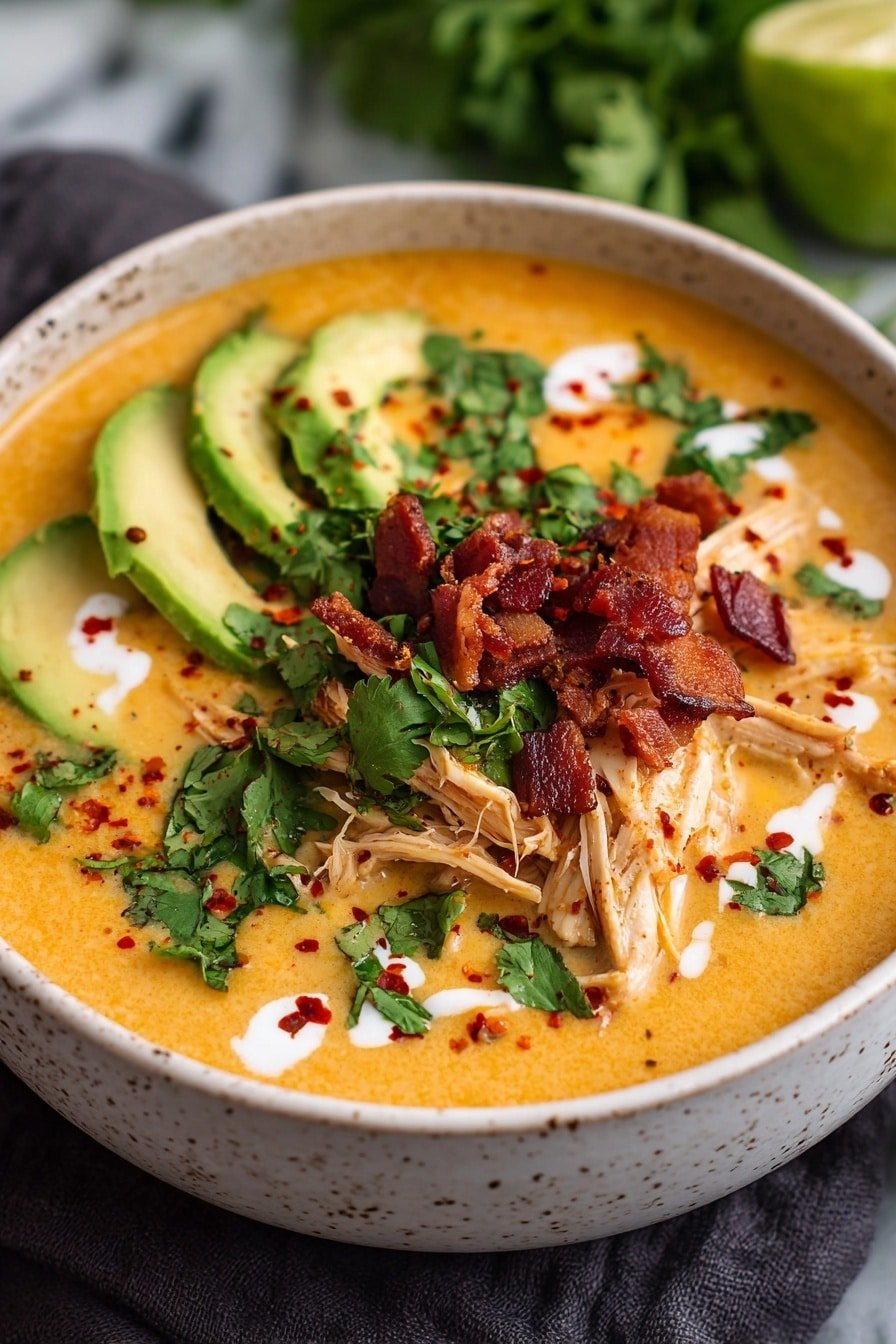 A large speckled light gray bowl filled with creamy, orange-colored soup with a smooth texture, topped with shredded chicken pieces in the center. On top of the chicken are small chunks of green avocado and scattered pieces of red seasoning or bacon bits. Fresh green cilantro leaves are sprinkled evenly across the soup. Around the bowl are bright green lime wedges on a white marbled surface. Photo taken with an iphone --ar 2:3 --v 7 — Creamy Chicken Enchilada Soup, Chicken Enchilada Soup, Easy Enchilada Soup, Cozy Soup Recipes, Comforting Chicken Soup