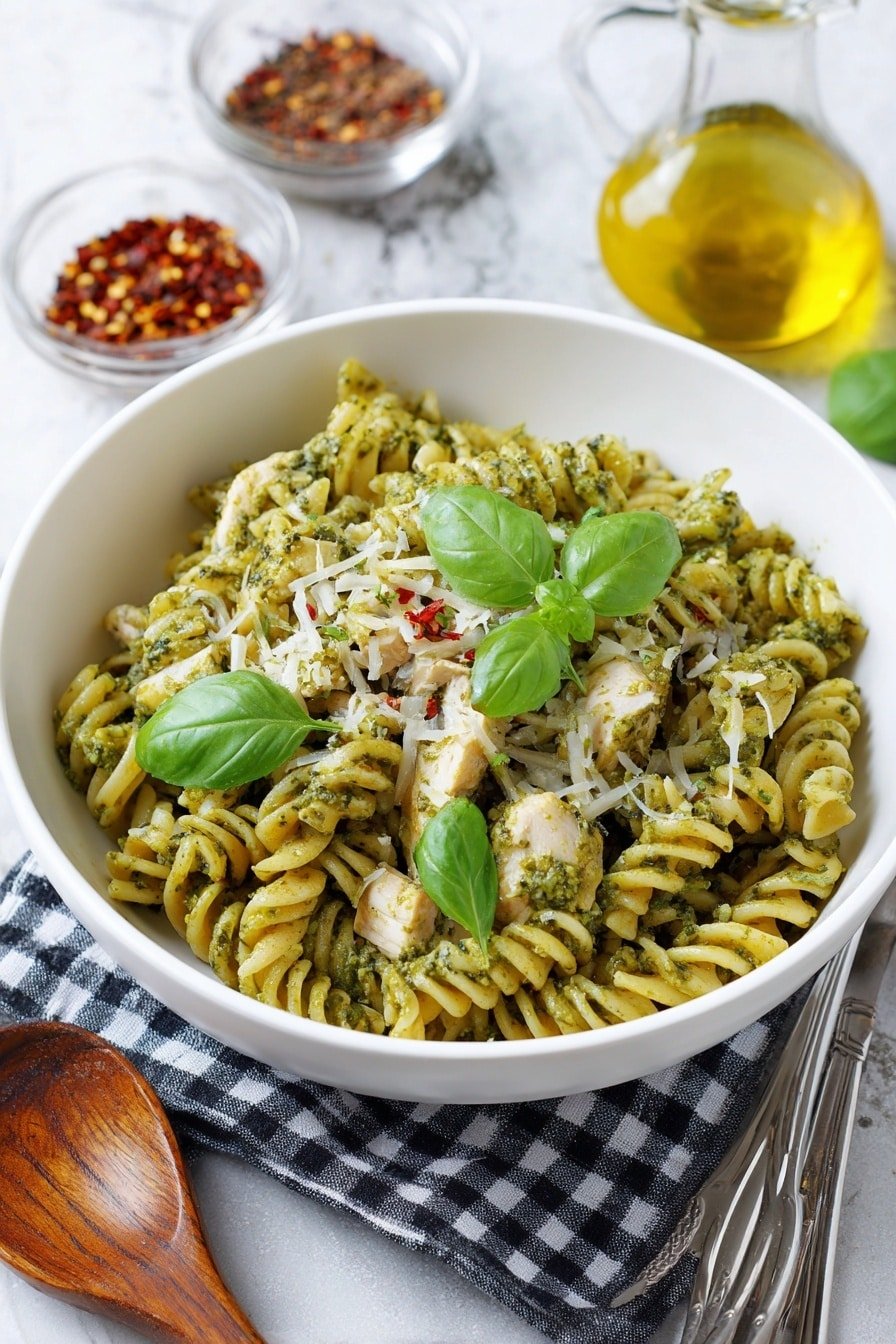 A white bowl filled with cooked rotini pasta coated in green pesto sauce, mixed with small pieces of cooked chicken that have a light brown color. The pasta is sprinkled with grated white cheese, creating a textured layer on top. Several fresh green basil leaves are placed on the pasta for garnish. The bowl sits on a black and white checkered cloth over a white marbled surface, with a silver fork positioned at the top right. A woman's hand is not visible in this image. Photo taken with an iphone --ar 2:3 --v 7 — Creamy Pesto Chicken Fusilli, pesto chicken pasta, easy creamy chicken pasta, weeknight pasta dinner, basil pesto fusilli