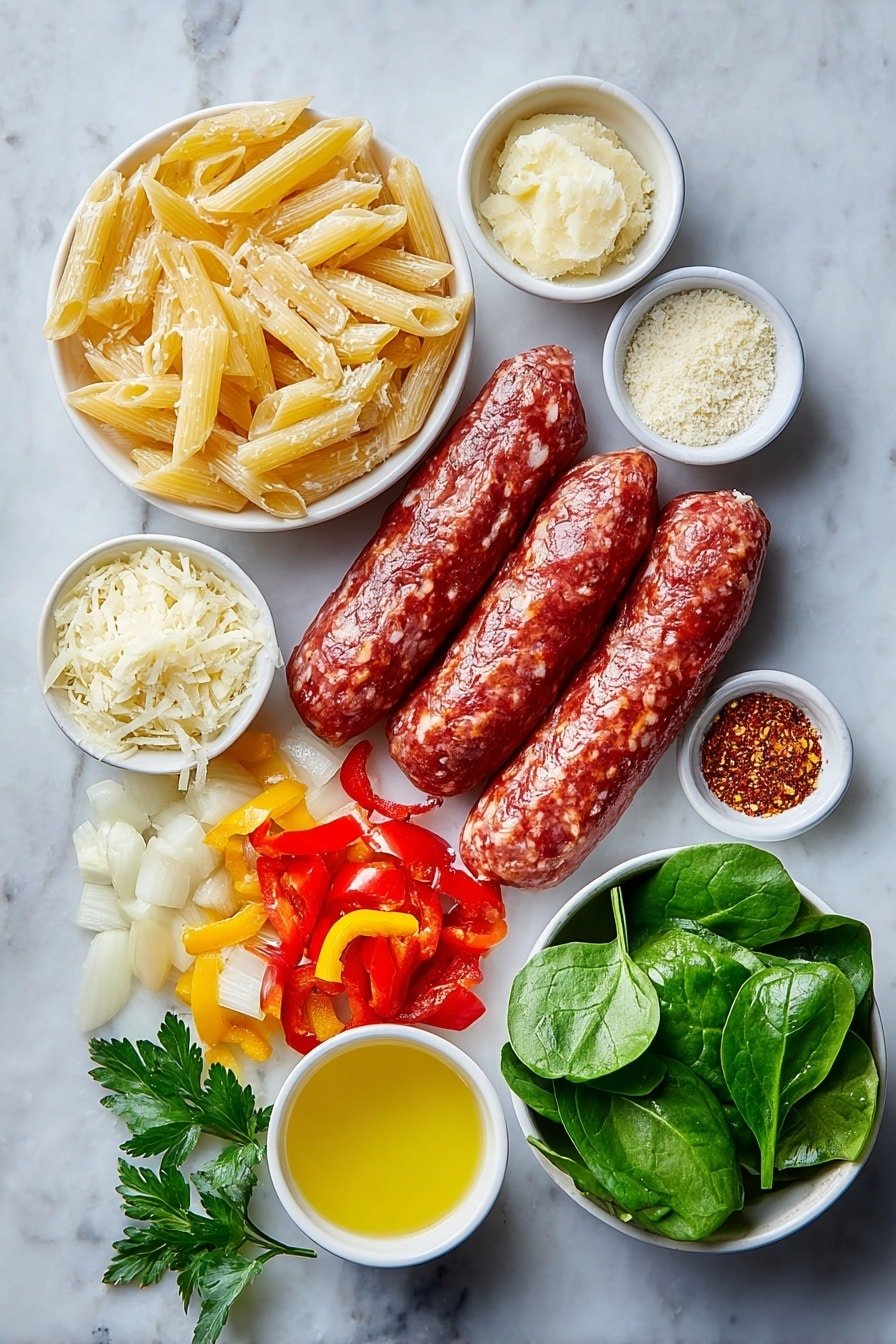 Creamy Cajun Beef Sausage Pasta Recipe - Ingredients Image — Creamy Cajun Beef Sausage Pasta, Cajun pasta with beef sausage, easy creamy Cajun pasta recipe, flavorful beef sausage pasta, quick weeknight pasta dish