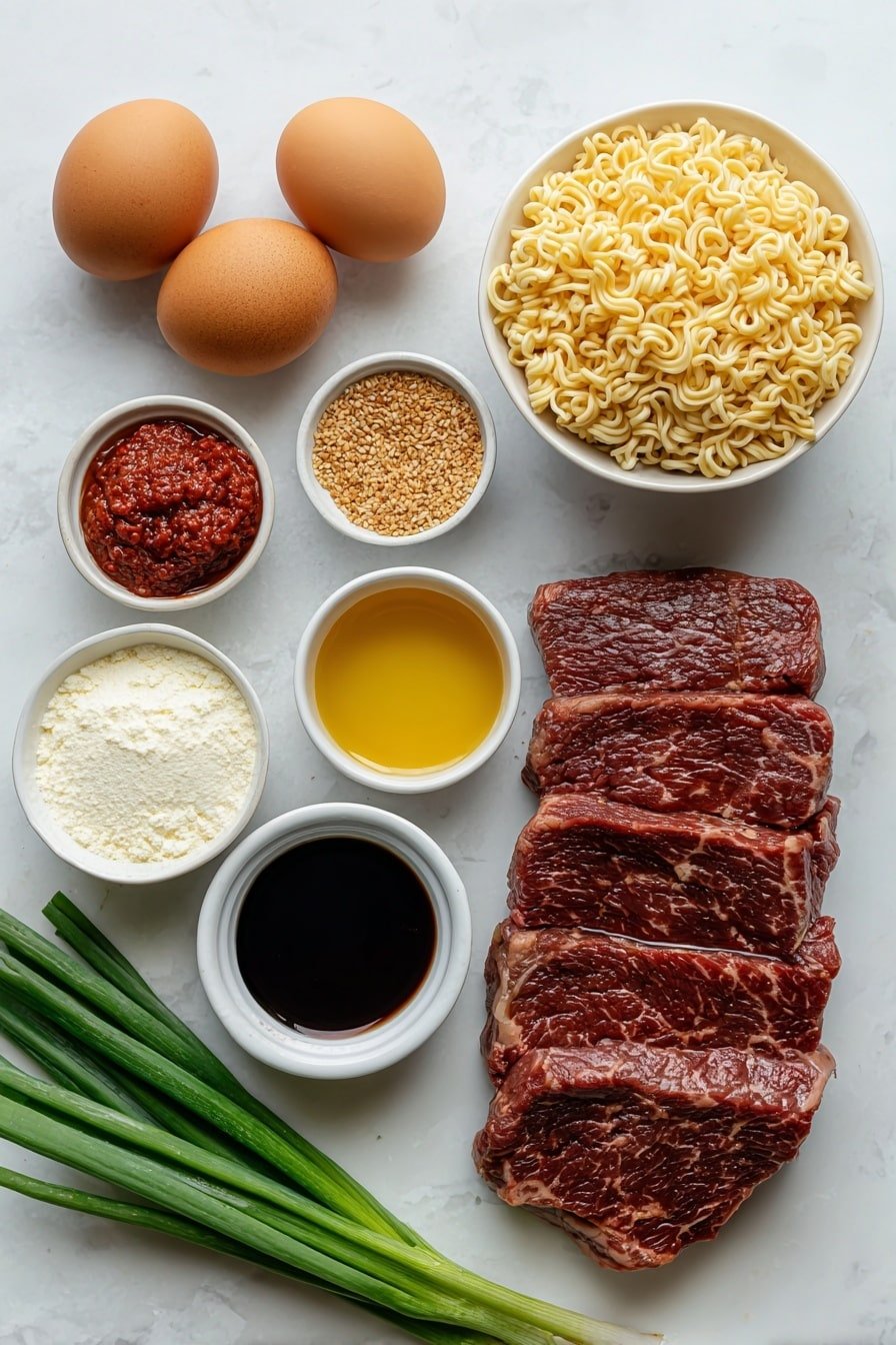 Spicy Korean Ramen with Creamy Sauce Recipe - Ingredients Image — Spicy Korean Ramen with Creamy Sauce, Korean spicy ramen, creamy sauce ramen, spicy ramen with steak, flavorful Korean noodle soup