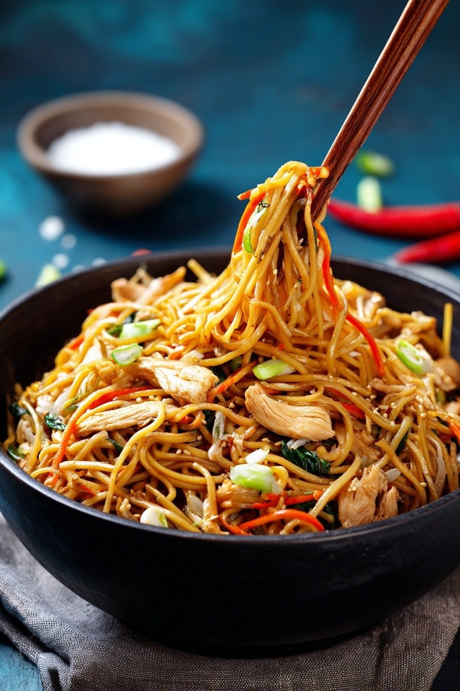 A black bowl filled with a colorful noodle dish sits on a gray cloth over a white marbled surface. The dish has three main layers: the base is a bed of long, golden-brown noodles mixed with thin orange carrot strips, then scattered pieces of light tan cooked chicken sit on top, and the top layer is green sliced scallions along with some pale white onion pieces, adding fresh color. A pair of light brown chopsticks pick up some noodles and chicken from the bowl. In the background, there is an orange chili pepper on the white marbled surface and a small bowl with coarse salt. Photo taken with an iphone --ar 2:3 --v 7 — Chicken Chow Mein, Chicken Chow Mein stir-fry, easy chicken chow mein, homemade chicken chow mein, Asian Chicken Chow Mein