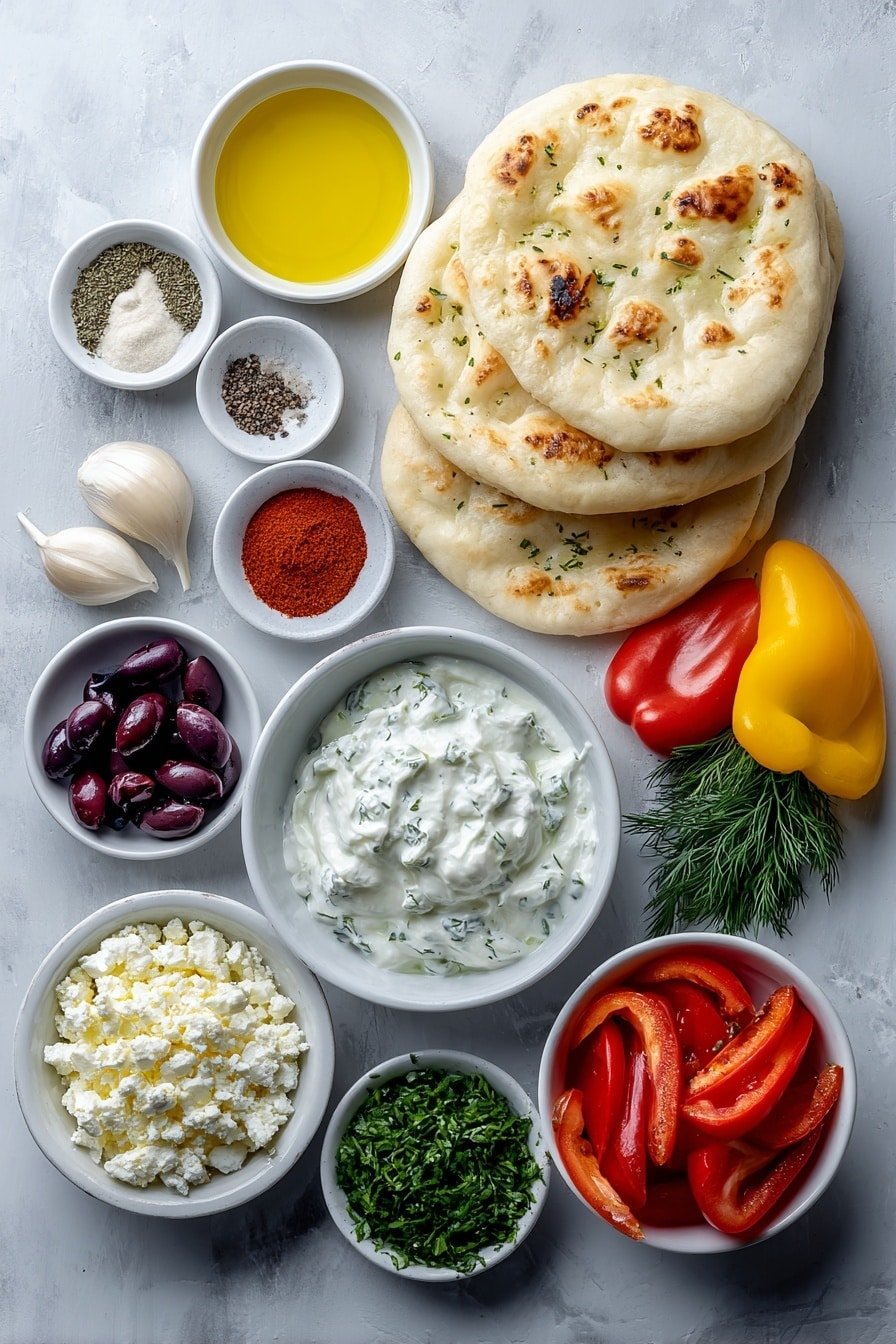 Flat lay of a small white bowl of olive oil, a small white bowl of freshly squeezed lemon juice, two whole garlic cloves, a small white bowl of dried oregano, a small white bowl of smoked paprika, a small white bowl of salt, a small white bowl of black pepper, one red bell pepper sliced, one yellow bell pepper sliced, one red onion sliced, one zucchini sliced, a small white bowl of halved cherry tomatoes, six whole pita breads stacked, a small white bowl of plain Greek yogurt, half a cucumber grated, one tablespoon of chopped fresh dill in a small white bowl, crumbled feta cheese on a small white plate, halved Kalamata olives in a small white bowl, and chopped fresh parsley scattered lightly on a small white plate, all placed on a clean white marble surface, soft natural light, photo taken with an iPhone, professional food photography style, fresh ingredients, white ceramic bowls, no bottles, no duplicates, no utensils, no packaging --ar 2:3 --v 7 --p m7354639359234015250 — Sheet Pan Chicken Pitas with Tzatziki, healthy chicken pita ideas, easy Mediterranean dinner, quick chicken pita recipes, homemade tzatziki sauce