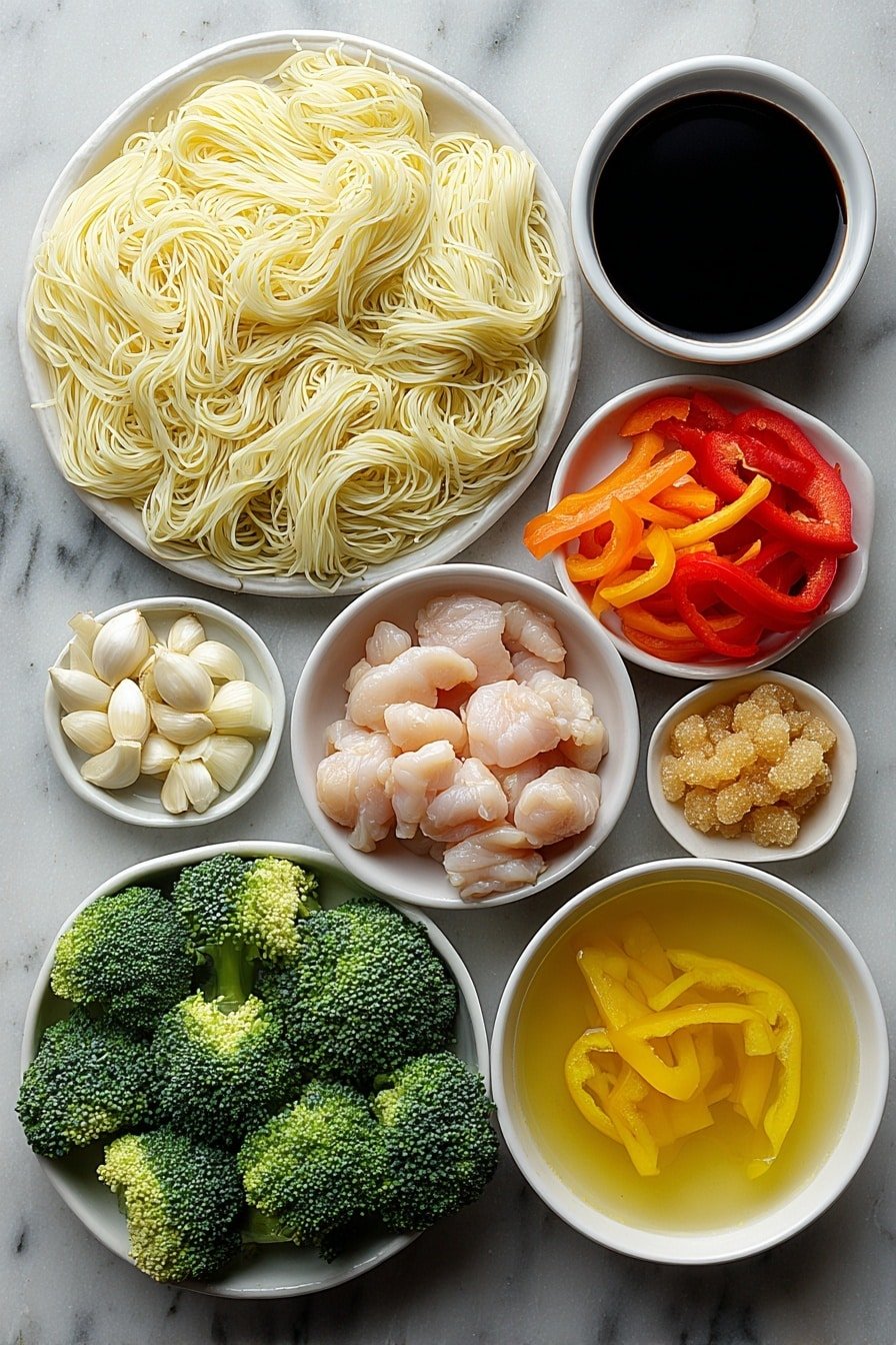 Flat lay of flat rice noodles neatly arranged next to a small white bowl of golden vegetable oil, fresh whole garlic cloves clustered beside finely minced garlic on a white ceramic plate, vibrant sliced red and yellow bell peppers, bright green broccoli florets, crisp orange julienned carrots, raw boneless chicken breast pieces displayed on a simple white dish, a small white bowl filled with dark soy sauce, and a small white bowl holding golden brown sugar crystals, all placed on a clean white marble surface, soft natural light, photo taken with an iPhone, professional food photography style, fresh ingredients, white ceramic bowls, no bottles, no duplicates, no utensils, no packaging --ar 2:3 --v 7 --p m7354639359234015250 — Thai Drunken Noodles, Thai Drunken Noodles recipe, easy Thai noodle stir-fry, flavorful Thai noodle dish, quick Thai dinner ideas
