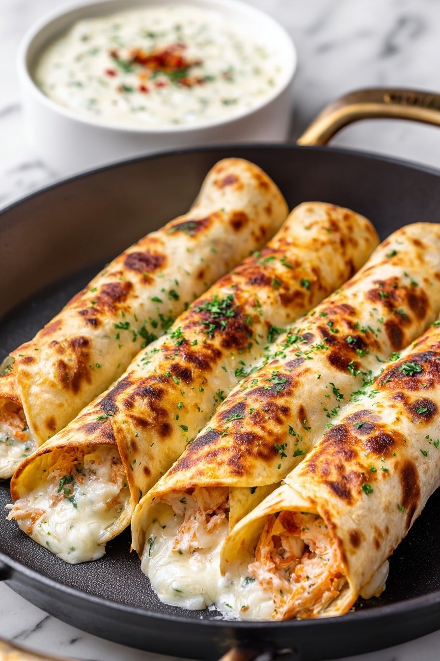 The image shows a close-up of several golden-brown baked rolls arranged in a black pan, each roll filled with creamy white cheese mixed with small pieces of pink shrimp and green herbs. The tops of the rolls are melted and lightly browned cheese with some green herb sprinkles. In the center of the pan, there is a small white bowl filled with a creamy dipping sauce, topped with scattered green herbs and a sprinkle of red seasoning. The background features a white marbled texture. photo taken with an iphone --ar 2:3 --v 7 — Seafood Queso Bites, seafood appetizer ideas, cheesy seafood bites, quick seafood snacks, crispy seafood appetizers