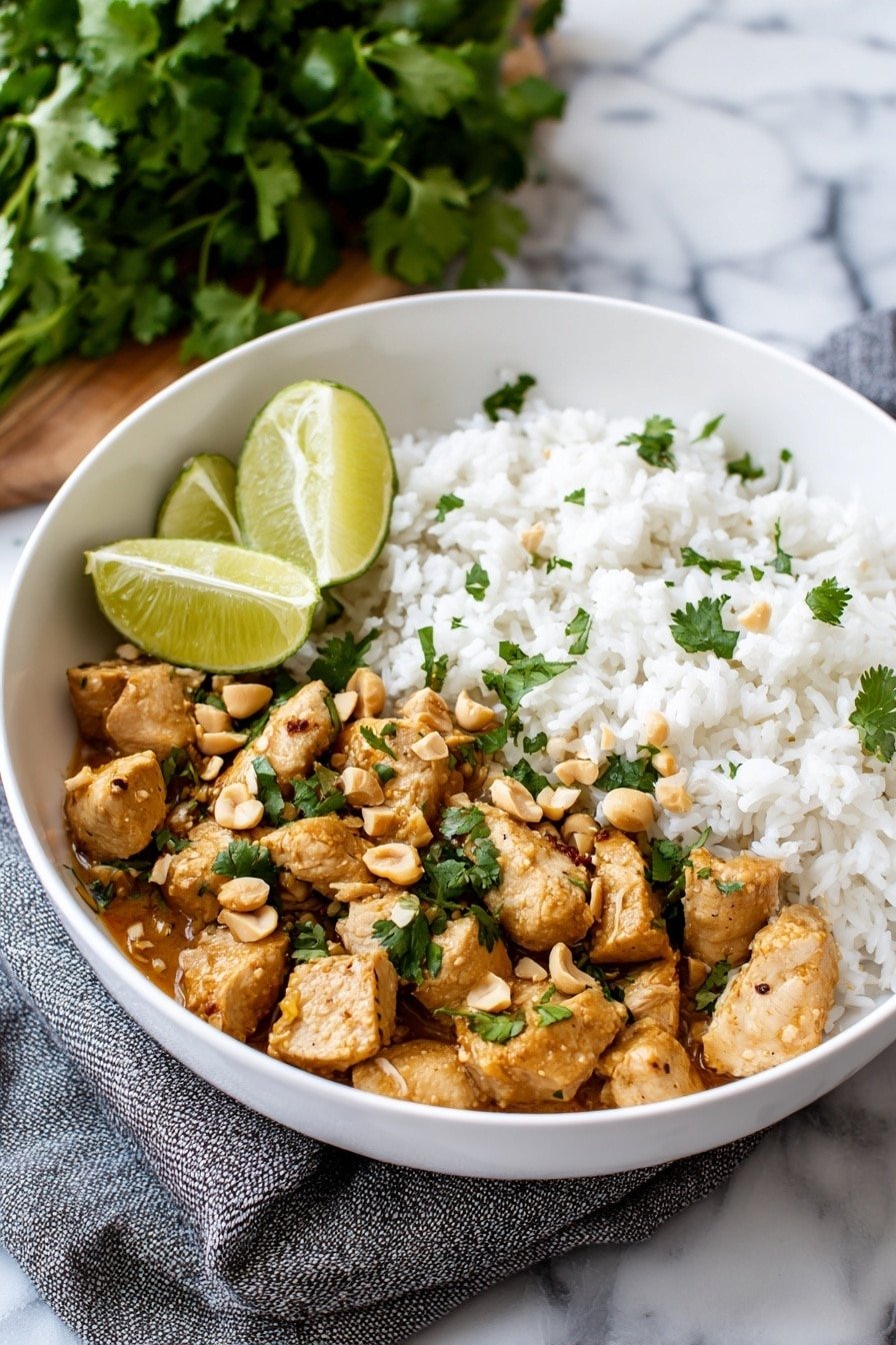 A white plate holds a dish with two main parts: white rice on the right side, fluffy and separated, and grilled chicken pieces on the left that are covered in a creamy light orange sauce. The chicken pieces have small dark grill marks and are sprinkled with green cilantro leaves and tiny red chili bits. Two lime wedges rest on the plate near the top left, adding a bright green contrast. The plate sits on a white marbled surface. photo taken with an iphone --ar 2:3 --v 7 — Thai Peanut Chicken Skewers, Thai Chicken Skewers with Peanut Sauce, Grilled Thai Chicken Skewers, Easy Thai Chicken Skewers, Asian Chicken Skewers Recipe