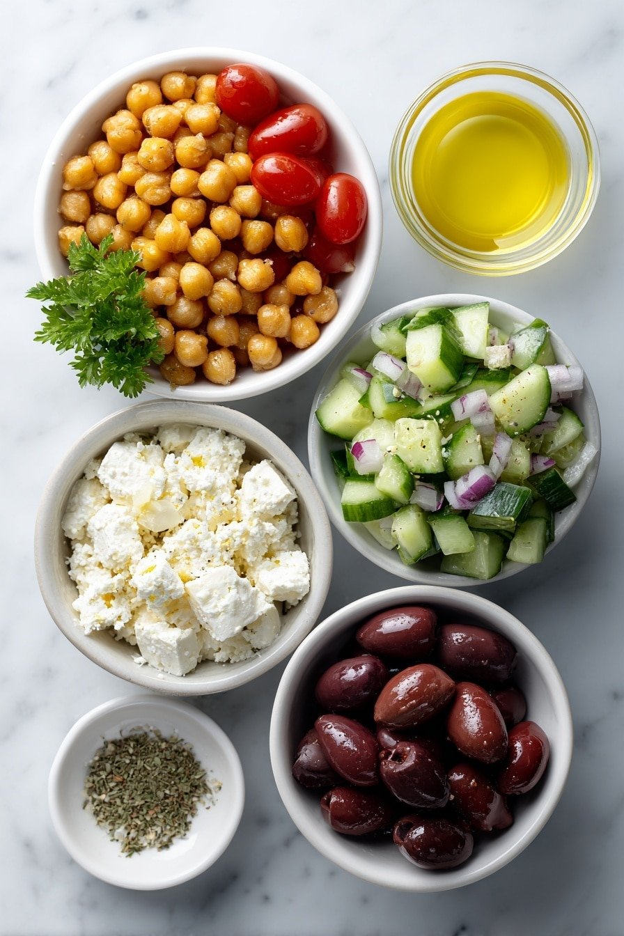 Crispy Chickpea Cobb Salad Recipe - Ingredients Image — Crispy Chickpea Cobb Salad, healthy chickpea salad, veggie and feta salad, easy summer salads, hearty vegetarian salads