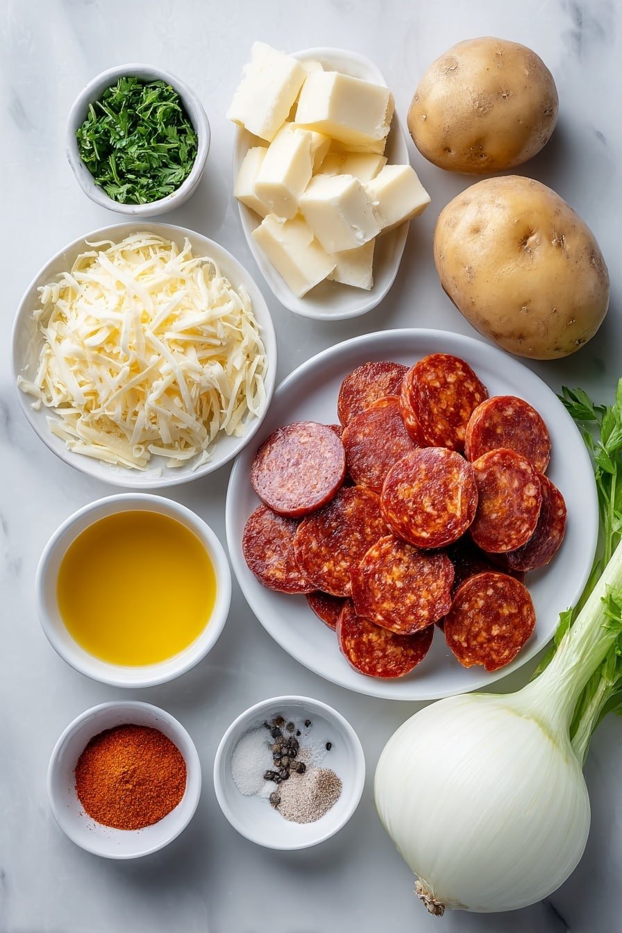 Cajun Sausage Potato Soup Recipe - Ingredients Image — Cajun Sausage Potato Soup, Cajun sausage soup, hearty potato soup, spicy sausage potato chowder, comforting Cajun soup