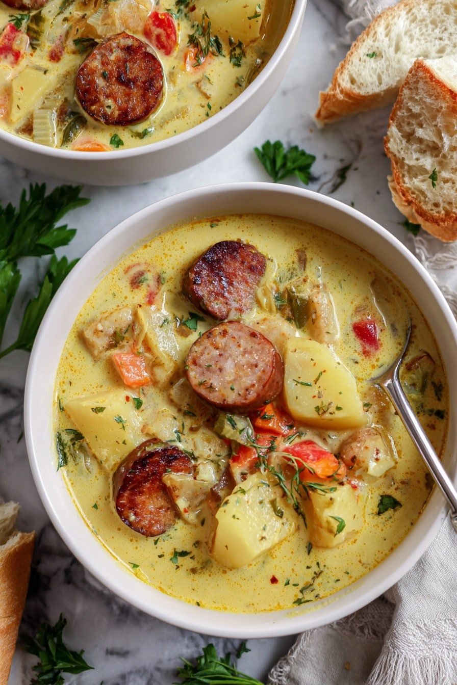 Cajun Sausage Potato Soup Recipe - Article Image 2 — Cajun Sausage Potato Soup, Cajun sausage soup, hearty potato soup, spicy sausage potato chowder, comforting Cajun soup