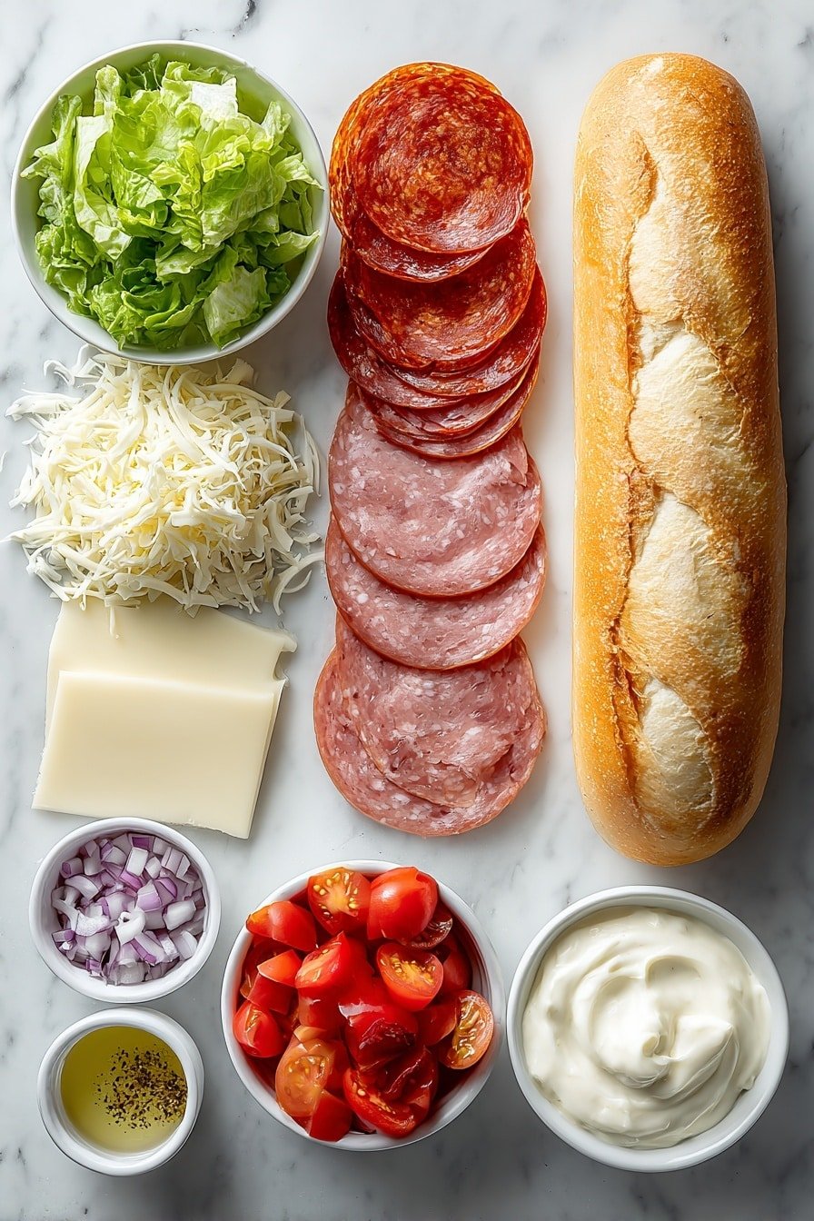 Viral Italian Chopped Sandwich Recipe - Ingredients Image — Viral Italian Chopped Sandwich, Italian chopped sandwich ingredients, Easy Italian sandwich recipe, Quick Italian lunch ideas, Best Italian chopped sandwich