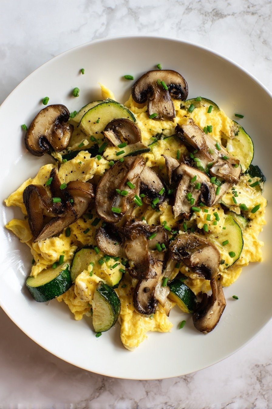 Veggie Zucchini and Mushroom Egg Scramble Recipe - Article Image 2 — Veggie Zucchini and Mushroom Egg Scramble, healthy breakfast ideas, quick veggie breakfast, easy egg scramble recipe, savory veggie breakfast