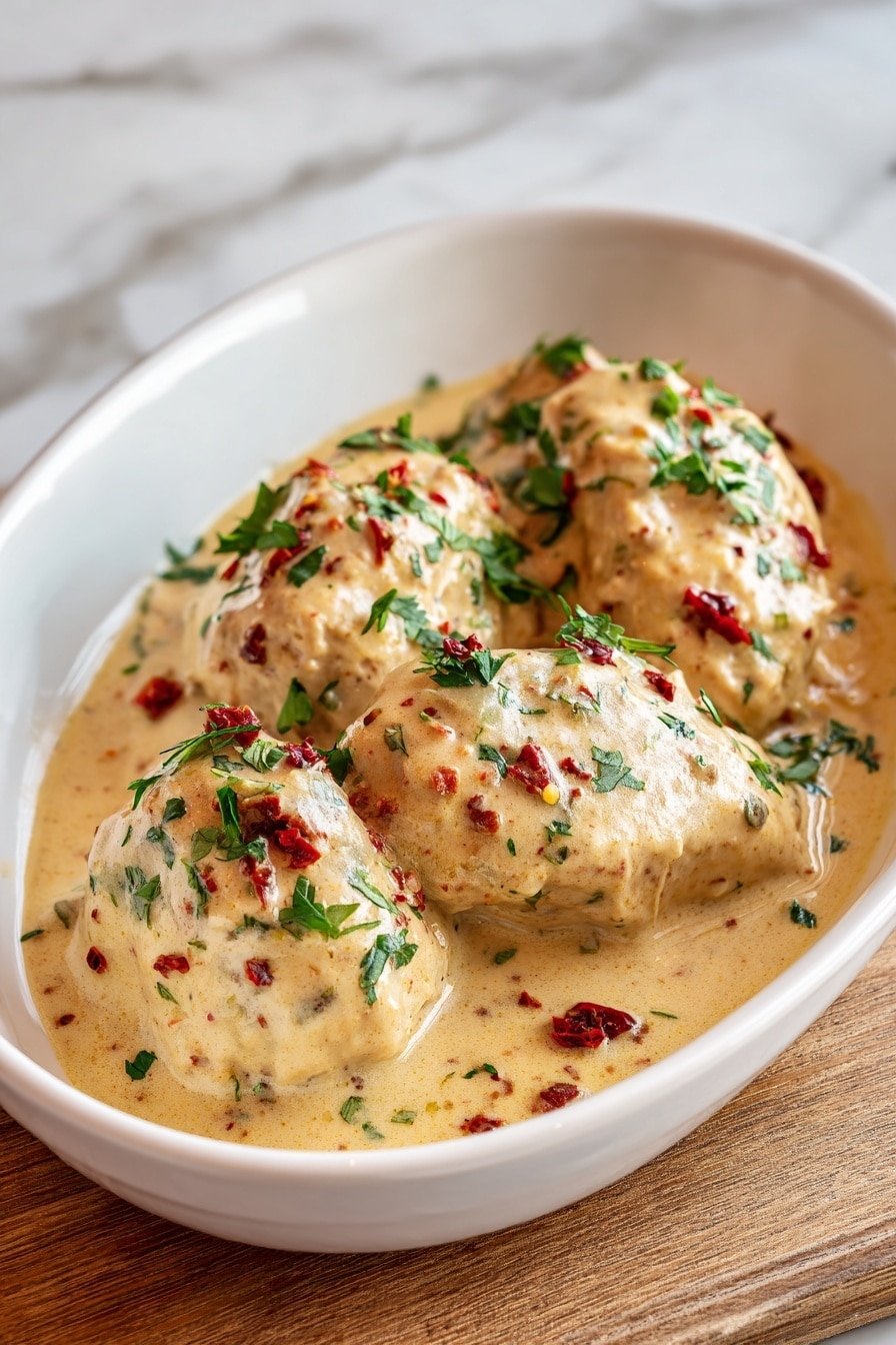 A white rectangular baking dish holds four pieces of cooked chicken covered in a creamy orange sauce, each piece topped with small red chili pieces and tiny green herb bits. The sauce looks smooth and slightly shiny, pooling around the chicken evenly. The dish sits on a wooden board, with green parsley sprigs placed around it softly. In the background, there is a white bowl filled with more green leafy herbs, all set on a white marbled surface. The lighting is warm and natural, highlighting the textures and colors of the food clearly, photo taken with an iphone --ar 2:3 --v 7 — Bang Bang Chicken Bake, spicy baked chicken recipes, easy chicken bake with sweet chili, weeknight chicken dinners, comforting baked chicken dishes