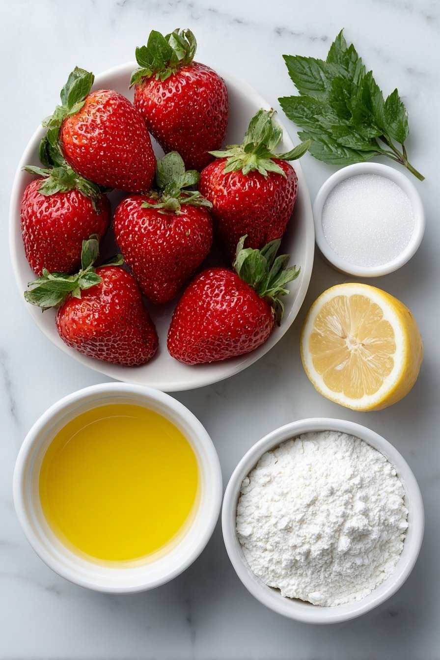 Flat lay of fresh whole strawberries with green leafy tops, a small white bowl of granulated sugar, a small white bowl of bright yellow lemon juice, a small white bowl of white cornstarch powder, and a small white bowl of clear water, all arranged symmetrically in a balanced composition, placed on a clean white marble surface, soft natural light, photo taken with an iPhone, professional food photography style, fresh ingredients, white ceramic bowls, no bottles, no duplicates, no utensils, no packaging --ar 2:3 --v 7 --p m7354639359234015250 — Quick Homemade Strawberry Filling for Cakes, homemade strawberry cake filling, easy strawberry filling recipe, fruit filling for cakes, strawberry dessert topping