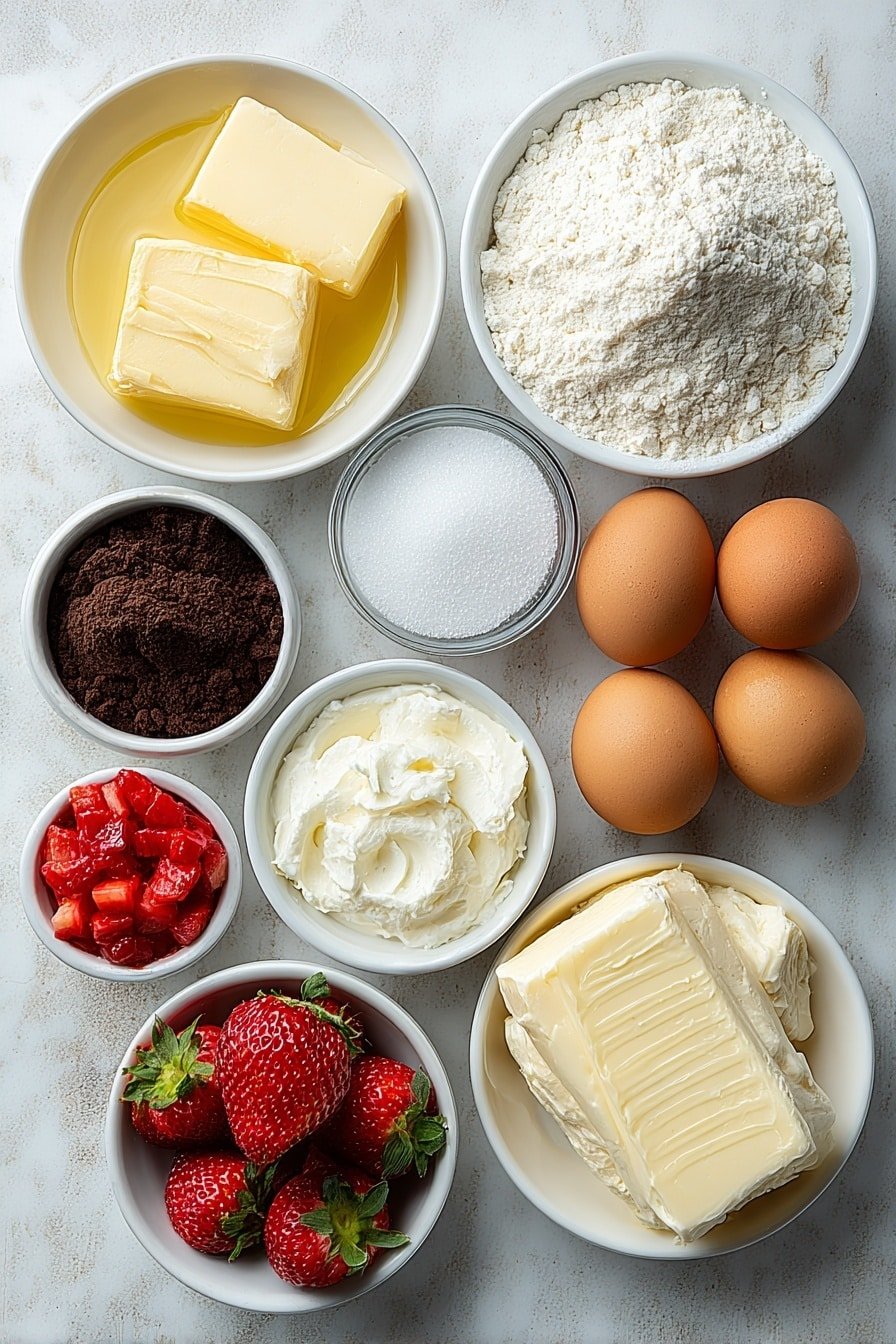 Flat lay of a small white ceramic bowl of melted unsalted butter, a small white ceramic bowl of granulated sugar, two whole brown eggs with clean shells, a small white ceramic bowl of unsweetened dark cocoa powder, a small white ceramic bowl of all-purpose flour, a tiny pile of fine salt, a tiny pile of baking powder, an unwrapped block of cream cheese, a small white ceramic bowl of sour cream, a small white ceramic bowl of diced fresh strawberries, a small white ceramic bowl of strawberry puree, a small white ceramic bowl of melted chocolate, and six to eight fresh strawberry halves arranged symmetrically on a clean white marble surface, soft natural light, photo taken with an iPhone, professional food photography style, fresh ingredients, white ceramic bowls, no bottles, no duplicates, no utensils, no packaging --ar 2:3 --v 7 --p m7354639359234015250 — Strawberry Cheesecake Brownie Bars, Strawberry Cheesecake Bars recipe, Fudgy brownie dessert, No-bake cheesecake bars, Fresh strawberry dessert