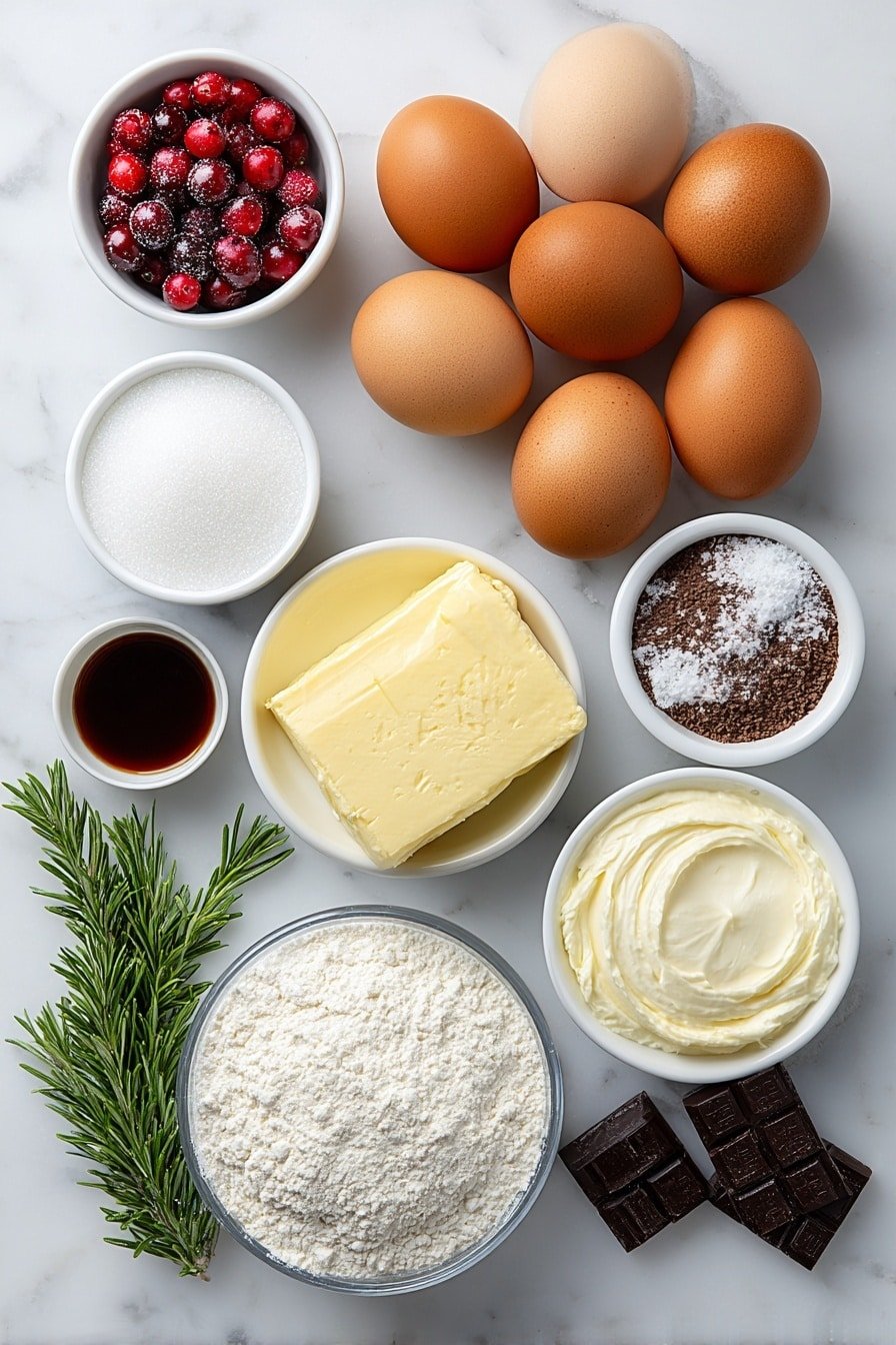 Flat lay of six large brown eggs with clean shells, a small white ceramic bowl of granulated sugar, a small white ceramic bowl of sifted all-purpose flour, a small white ceramic bowl of sifted unsweetened cocoa powder, a tiny pinch of salt on the white marble surface, a small white ceramic bowl of melted unsalted butter, a small white ceramic bowl of cooled strong brewed espresso, a small white ceramic bowl of non-alcoholic coffee syrup, a chunk of chilled mascarpone cheese, a small white ceramic bowl of chilled heavy cream, a small white ceramic bowl of powdered sugar, a small white ceramic bowl of vanilla extract, finely chopped dark chocolate pieces arranged beside a small white ceramic bowl of heavy cream for ganache, a few sprigs of fresh rosemary, a small pile of fresh cranberries, and a light dusting of unsweetened cocoa powder all symmetrically placed on a clean white marble surface, soft natural light, photo taken with an iPhone, professional food photography style, fresh ingredients, white ceramic bowls, no bottles, no duplicates, no utensils, no packaging --ar 2:3 --v 7 --p m7354639359234015250 — Gourmet Tiramisu Yule Log, festive tiramisu log cake, Christmas tiramisu dessert, holiday log cake recipe, Italian tiramisu dessert