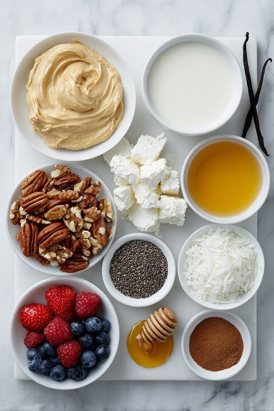 Flat lay of creamy natural peanut butter dollop, a small mound of fresh low-fat cottage cheese, a small white bowl with pale almond milk, a small white bowl with golden honey drizzle, a small white bowl with vanilla pods beside a drop of vanilla extract, a small white bowl with ground cinnamon powder, a small white bowl with a pinch of fine salt, a small white bowl filled with mixed chopped almonds, pecans, and walnuts, a small white bowl with assorted fresh berries including strawberries, blueberries, and raspberries, a small white bowl with black chia seeds, a small white bowl with white shredded coconut flakes, all arranged symmetrically and balanced, placed on a clean white marble surface, soft natural light, photo taken with an iPhone, professional food photography style, fresh ingredients, white ceramic bowls, no bottles, no duplicates, no utensils, no packaging --ar 2:3 --v 7 --p m7354639359234015250 — Peanut Butter Cottage Cheese Bowl, healthy breakfast bowl, quick nourishing meal, creamy cottage cheese snack, cinnamon vanilla fruit bowl