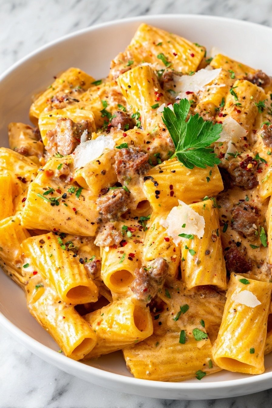 A close-up of a white bowl filled with creamy pasta mixed with ground meat, the sauce is thick and orange with visible herbs, melted cheese covers the pasta and meat in soft white strings, some chopped green herbs are sprinkled on top, the pasta pieces are short tubes, the bowl rests on a white marbled surface. photo taken with an iphone --ar 2:3 --v 7 — Creamy Beef Pasta, Creamy Beef Pasta Recipe, hearty pasta dinner, comfort food recipe, quick and easy pasta dish