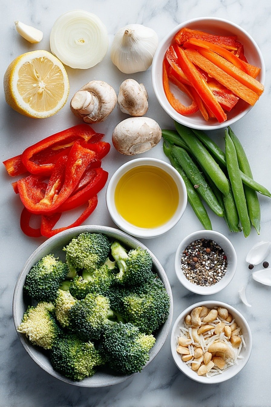 Flat lay of fresh two cloves of garlic, one small thinly sliced onion, one sliced red bell pepper, sliced zucchini half-moons, broccoli florets, one medium julienned carrot, snap peas, sliced mushrooms, small white ceramic bowl with olive oil, small white ceramic bowls with lemon juice and balsamic vinegar, small white ceramic bowls with salt and black pepper, small white ceramic bowls containing toasted nuts, seeds, grated Parmesan, and fresh herbs, all arranged with perfect symmetry on a clean white marble surface, soft natural light, photo taken with an iPhone, professional food photography style, fresh ingredients, white ceramic bowls, no bottles, no duplicates, no utensils, no packaging --ar 2:3 --v 7 --p m7354639359234015250 — Quick Healthy Vegetable Stir-Fry, vegetable stir-fry recipe, easy healthy stir-fry, quick dinner ideas, nourishing vegetable dishes