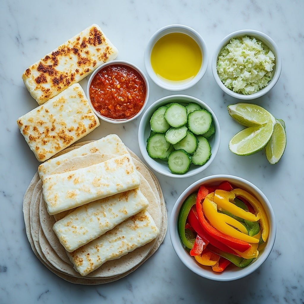 Flat lay of a few thick rectangular slices of fresh halloumi cheese with a golden brown sear on the edges, a small white bowl of bright red sweet chili sauce, four soft stacked flour tortillas, a small white bowl filled with thinly sliced vibrant mixed bell peppers in red, yellow, and green, a small white bowl with thin cucumber slices, a small white bowl of fresh lime wedges, and a small white bowl containing golden olive oil, all arranged with perfect symmetry in natural light placed on a clean white marble surface, soft natural light, photo taken with an iPhone, professional food photography style, fresh ingredients, white ceramic bowls, no bottles, no duplicates, no utensils, no packaging --ar 1:1 --v 7 --p m7354639359234015250 — Sweet Chili Halloumi Wraps, delicious halloumi wraps, quick vegetarian wraps, flavorful lunch ideas, easy dinner recipes