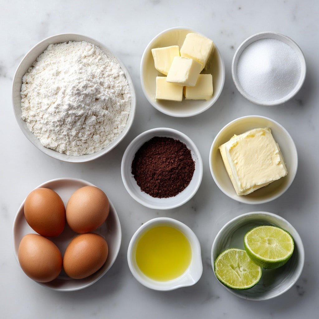 Flat lay of a small mound of all-purpose flour, a small white bowl of granulated sugar, a small white bowl of baking powder, a small white bowl of salt, a small white bowl of black cocoa powder, a small white bowl with melted unsalted butter, two large whole brown eggs with clean shells, a small white bowl of milk, a small white bowl of fresh lime juice, two whole fresh limes with bright green zest placed beside them, all arranged with perfect symmetry on a clean white ceramic surface, placed on a clean white marble surface, soft natural light, photo taken with an iPhone, professional food photography style, fresh ingredients, white ceramic bowls, no bottles, no duplicates, no utensils, no packaging --ar 1:1 --v 7 --p m7354639359234015250 — Black Lime Cocoa Bread, Black Lime Baking, Chocolate Lime Loaf, Cocoa and Lime Bread, Unique Citrus Bread