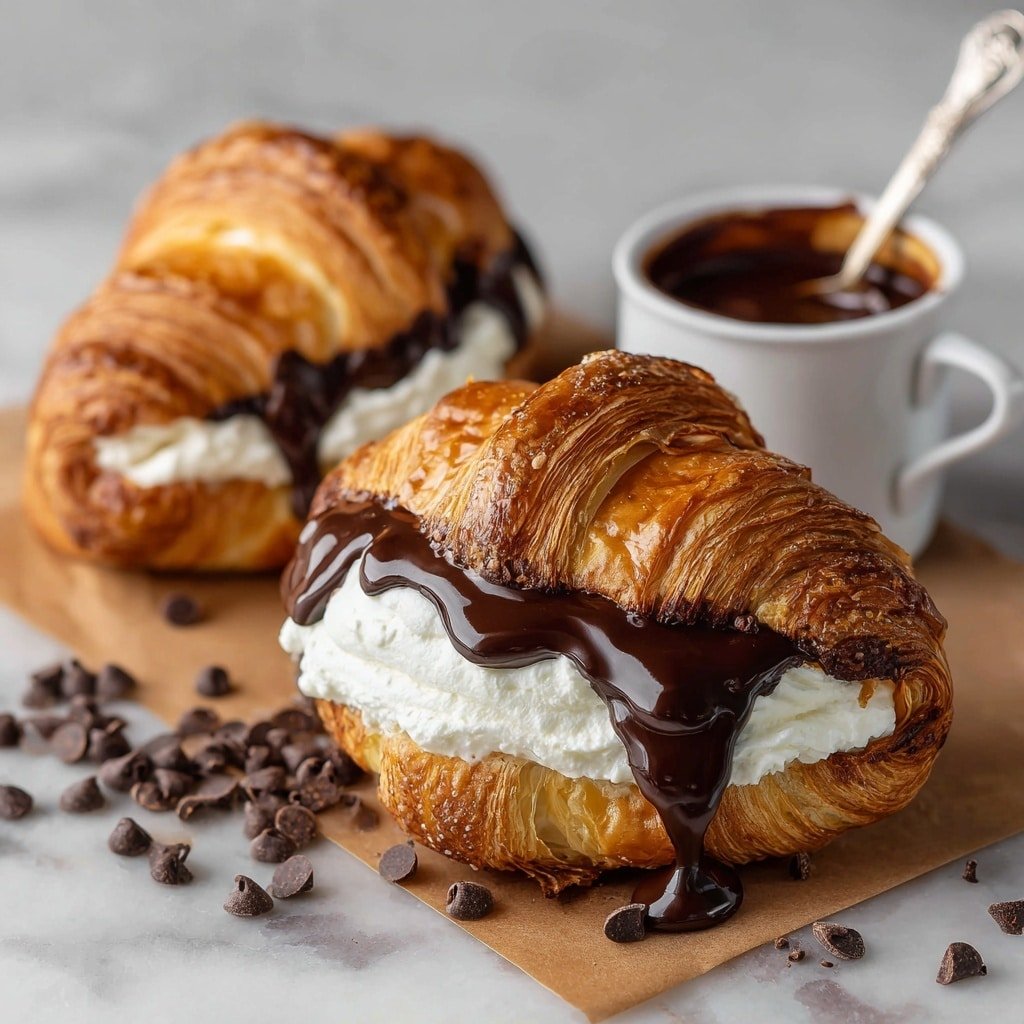 Two rectangular pastries sit side by side on a wooden board over a white marbled surface. Each pastry has three visible layers of golden brown, flaky crust. On top of each pastry is a thick layer of swirled white cream, piled in several rounded dollops along the length. Dark chocolate is drizzled across the cream in even stripes, and small chocolate chips are sprinkled thickly over the cream and chocolate drizzle. A fine dusting of white powdered sugar covers the pastries and the wooden board lightly. Photo taken with an iphone --ar 1:1 --v 7 — Chocolate Cream Cheese Danish, chocolate Danish pastry, easy breakfast pastry, flaky Danish recipe, cream cheese pastry