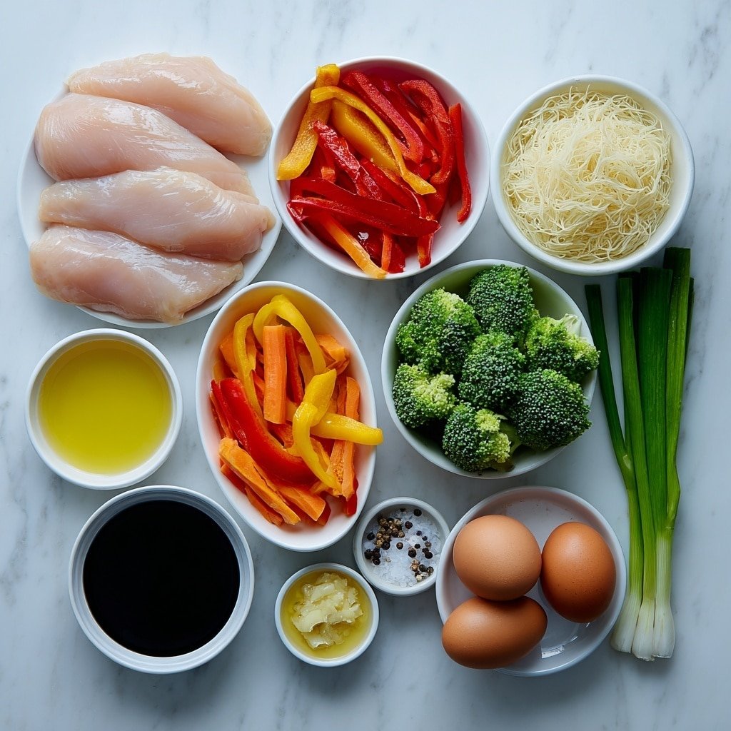 Flat lay of sliced raw chicken breasts, a small white bowl of dry mei fun rice noodles, fresh mixed vegetables including red bell pepper strips, orange carrot slices, and green broccoli florets, a small white bowl of dark soy sauce, a small white bowl of glossy oyster sauce, a small white bowl of golden sesame oil, a small white bowl with minced garlic, a small white bowl with minced ginger, two whole brown eggs with clean shells, a few fresh green onion stalks, salt and black peppercorns scattered gently around, all ingredients arranged symmetrically, placed on a clean white marble surface, soft natural light, photo taken with an iPhone, professional food photography style, fresh ingredients, white ceramic bowls, no bottles, no duplicates, no utensils, no packaging --ar 1:1 --v 7 --p m7354639359234015250 — One-Pan Chicken Noodles Stir-Fry, quick chicken noodle stir-fry, easy Asian-inspired dinner, healthy chicken stir-fry recipe, simple weeknight stir-fry