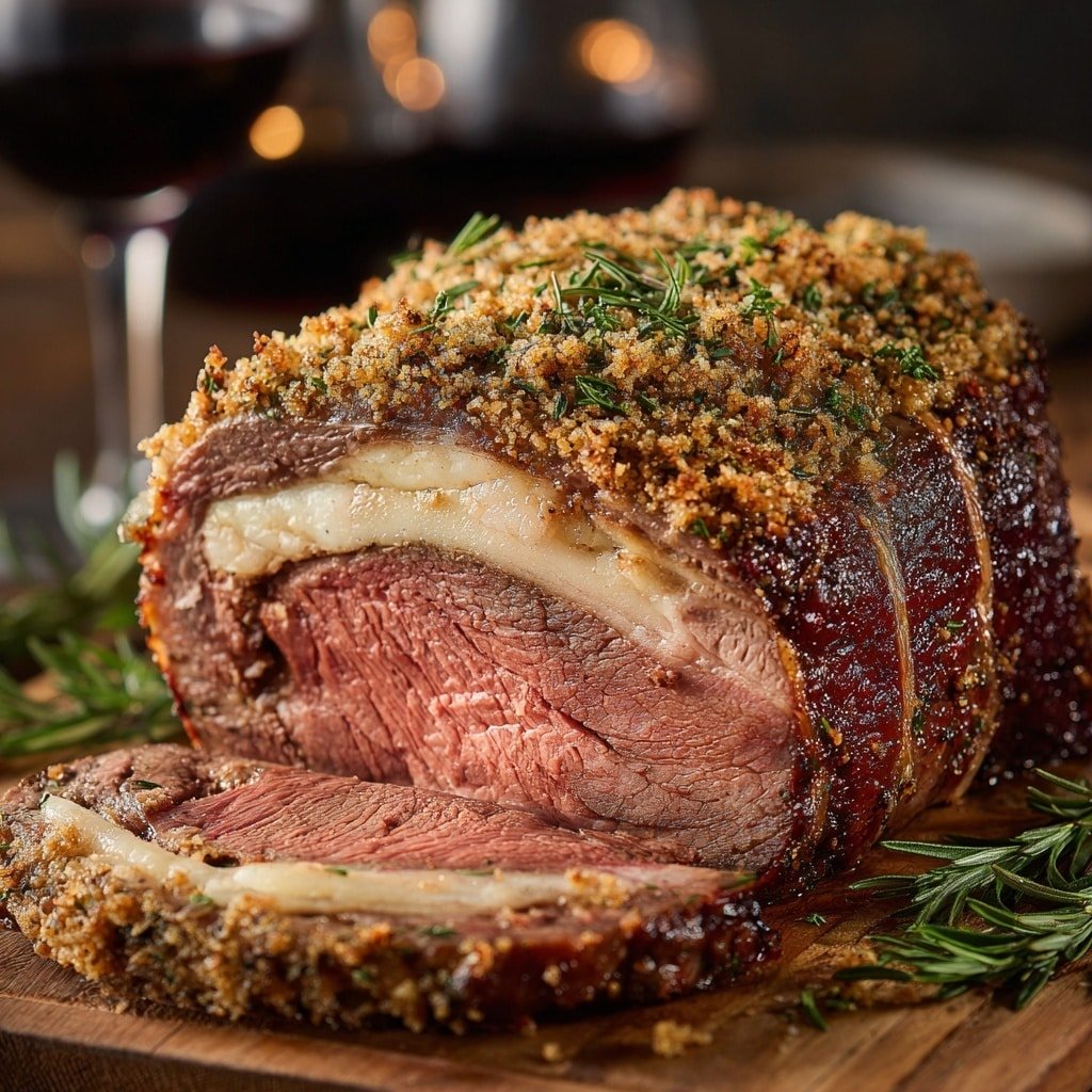 A large roast with visible layer of brown, crispy herb crust on top, which is crumbly and sprinkled with fresh green rosemary. Below this layer, there is a thick layer of light beige fat wrapping around the deep reddish-brown meat inside. The meat itself is textured with natural fibers, showing a dark brown outer layer and a moist, slightly pinkish inner layer. The roast sits on a wooden board with some green rosemary sprigs beside it. In the background, a glass of dark red wine is slightly blurred. Photo taken with an iphone --ar 1:1 --v 7 — Herb Crusted Prime Rib, Herb Crusted Prime Rib recipe, How to cook herb crusted prime rib, Prime rib with herb crust, Perfect herb crusted roast
