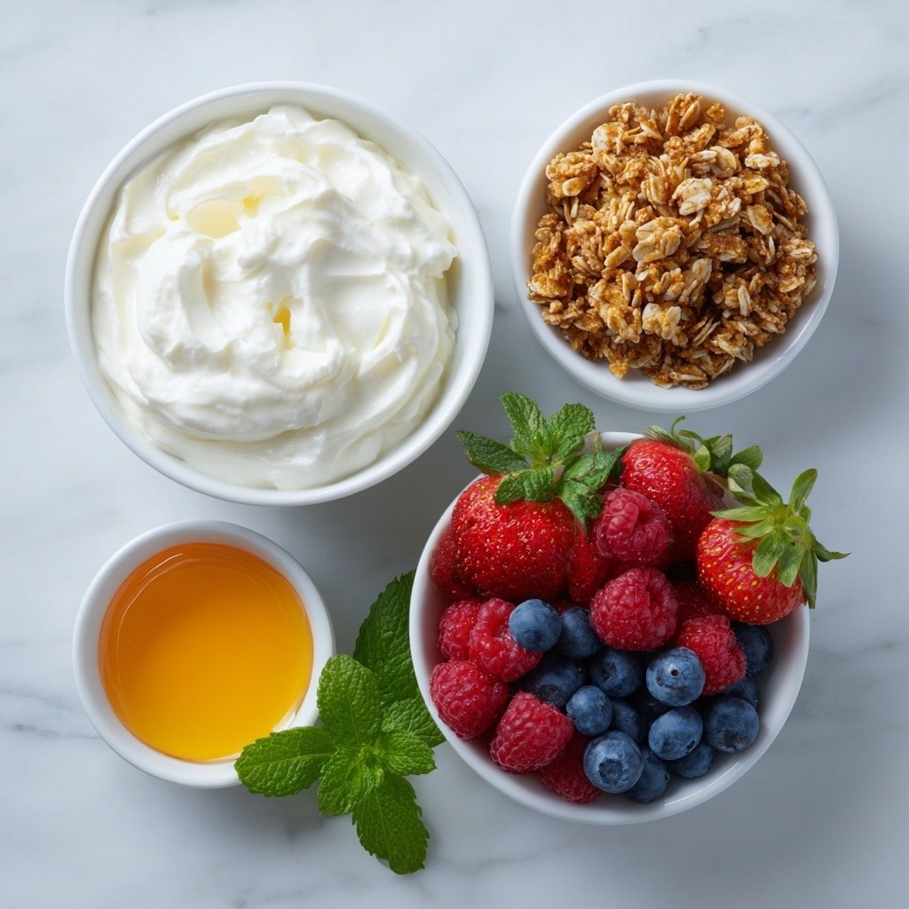 Flat lay of a large white ceramic bowl filled with creamy plain Greek yogurt, a small white bowl of bright mixed fresh berries including whole strawberries with green tops, plump blueberries, and raspberries, a small white bowl heaped with golden crunchy granola clusters, a small white bowl holding glossy amber honey, and a few vibrant fresh mint leaves arranged neatly on the side, all items spaced evenly and symmetrically, placed on a clean white marble surface, soft natural light, photo taken with an iPhone, professional food photography style, fresh ingredients, white ceramic bowls, no bottles, no duplicates, no utensils, no packaging --ar 1:1 --v 7 --p m7354639359234015250 — Healthy Greek Yogurt Berry Parfait, healthy parfait with yogurt and berries, easy layered dessert recipe, nutritious breakfast parfait, fruit and yogurt parfait ideas