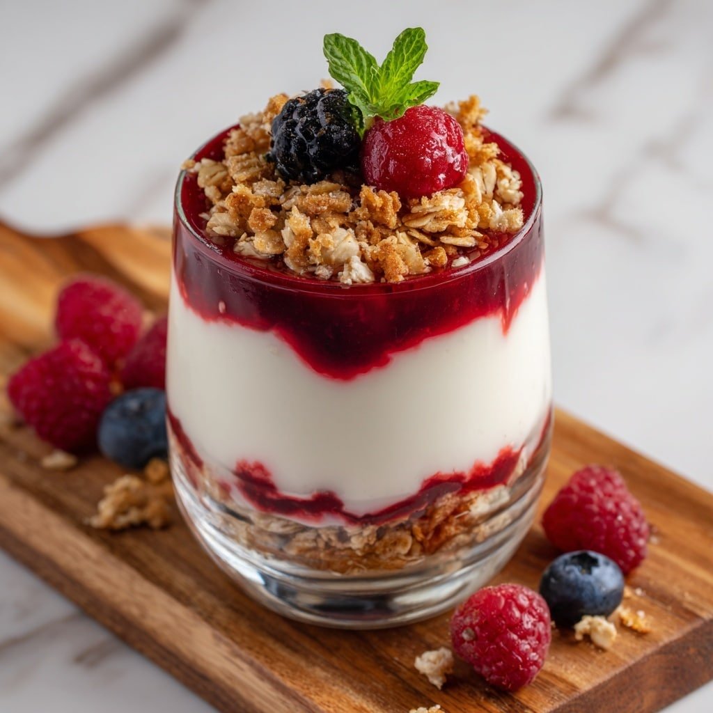 This image shows a clear glass filled with five layers: the bottom layer is a mix of red berries and small pieces of granola, followed by a thick white yogurt layer. Above that is another layer of granola mixed with red berry sauce, topped by another smooth white yogurt layer. The top layer is a thick granola topping, decorated with fresh raspberries, a blueberry, a blackberry, and a small green mint leaf at the center. The glass sits on a wooden board with scattered berries around it, and the background is a white marbled texture. photo taken with an iphone --ar 1:1 --v 7 — Healthy Greek Yogurt Berry Parfait, healthy parfait with yogurt and berries, easy layered dessert recipe, nutritious breakfast parfait, fruit and yogurt parfait ideas