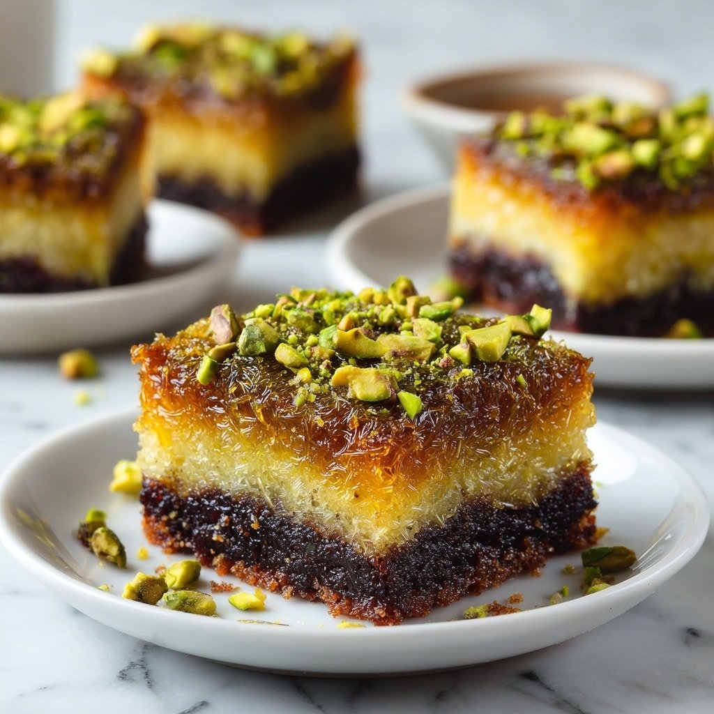 A square dessert with three distinct layers is shown on a white plate placed on a white marbled surface. The bottom layer is dark brown and dense, resembling a moist cake or crust. The middle layer is golden and textured with fine strands, giving it a shiny and sticky look. The top layer is covered with chopped green pistachios, adding a rough, nutty texture and bursts of green color. More chopped pistachios are scattered around the plate. In the background, more of the dessert pieces are visible, slightly blurred. Photo taken with an iphone --ar 1:1 --v 7 — Pistachio Kunafa Brownies, Kunafa Brownies with Pistachios, Middle Eastern dessert recipes, Fudgy Brownies with Kunafa topping, Nutty dessert recipes