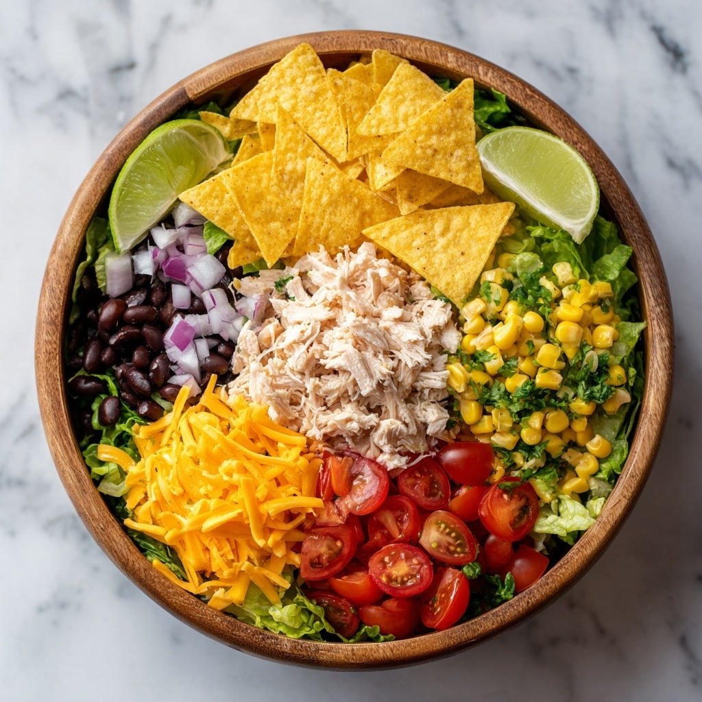 A large white bowl filled with a layered salad starting with a base of green lettuce at the bottom. On top of the lettuce, there are pieces of shredded light brown chicken scattered evenly. Bright red cherry tomatoes, some whole and some cut in halves, are spread throughout the salad. Small yellow corn kernels and black beans are distributed over the salad layers. Shredded orange cheddar cheese is sprinkled across the top, along with light green cilantro leaves. Thin, crispy light brown tortilla strips are scattered over the entire salad. There is a creamy white dressing drizzled lightly over the top. The bowl sits on a white marbled surface. Photo taken with an iphone --ar 1:1 --v 7 — Tex Mex Chicken Salad, Tex Mex Chicken Salad recipe, Southwest chicken salad, easy chicken salad recipes, healthy Tex Mex salad