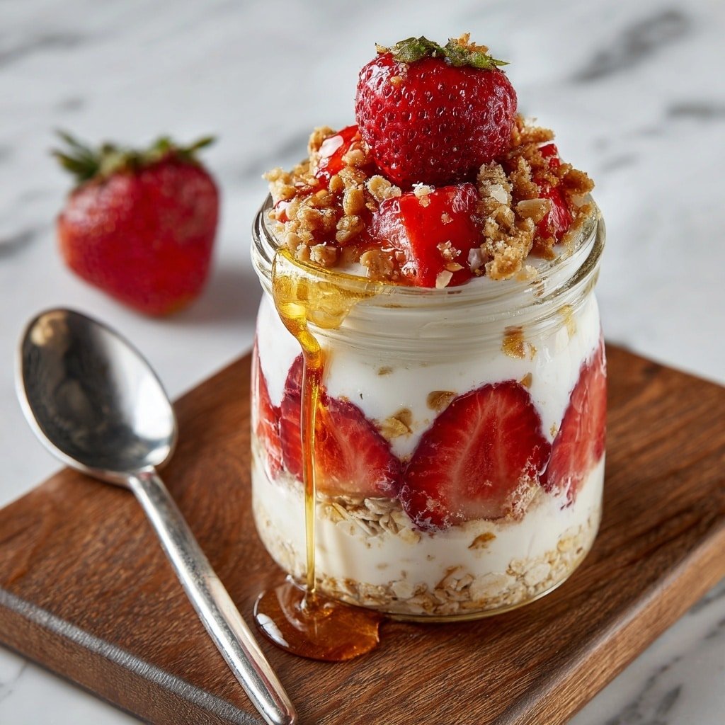 A clear glass jar contains four visible layers: the bottom layer is a creamy mix of oats and chia seeds; above this is a thick white yogurt layer mixed with sliced red strawberries pressed against the jar; the third layer is a fresh whole strawberry sitting on a crunchy granola layer; golden honey drizzles over the top, dripping down the sides of the jar. The jar is placed on a wooden tray next to a silver spoon, with a soft blurred background. The surface beneath the tray is changed to a white marbled texture. photo taken with an iphone --ar 1:1 --v 7 — Protein Strawberry Overnight Oats, healthy overnight oats with strawberries, easy high-protein breakfast, creamy strawberry oats, quick overnight oats recipe