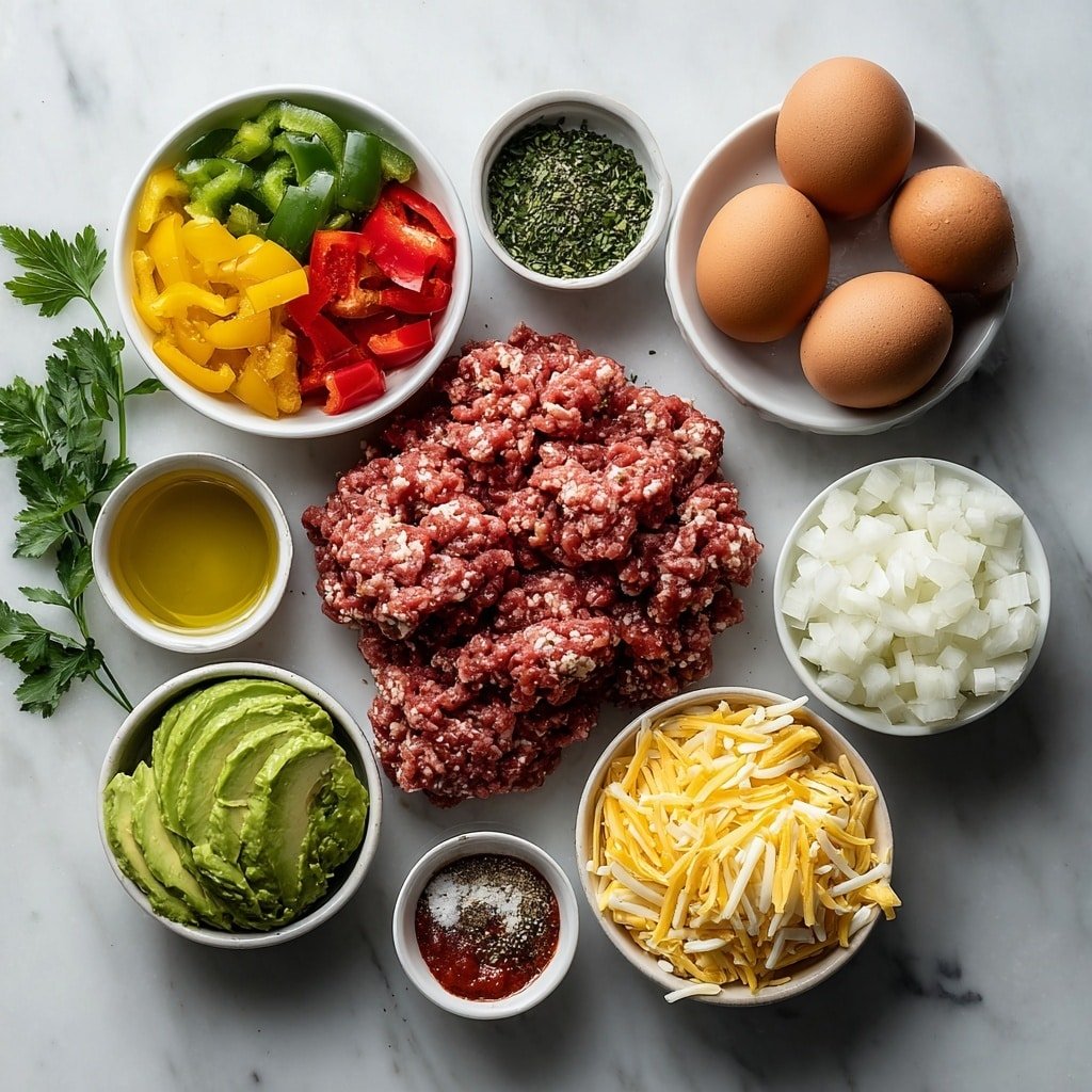 Flat lay of ground turkey shaped into a neat mound, four large whole brown eggs with clean shells, a small white ceramic bowl filled with diced colorful bell peppers (red, yellow, and green), a small white ceramic bowl of diced white onion, two whole fresh garlic cloves, a small white ceramic bowl of bright red paprika powder, a small white ceramic bowl of mixed Italian seasoning herbs, a small white ceramic bowl of coarse salt and black pepper mix, a small white ceramic bowl of golden olive oil, fresh parsley sprigs with vibrant green leaves, a small white ceramic plate with thin slices of ripe avocado, a small white ceramic bowl of shredded yellow cheese, and a small white ceramic bowl of bright red hot sauce placed on a clean white marble surface, soft natural light, photo taken with an iPhone, professional food photography style, fresh ingredients, white ceramic bowls, no bottles, no duplicates, no utensils, no packaging --ar 1:1 --v 7 --p m7354639359234015250 — Turkey and Egg Breakfast Skillet, quick breakfast skillet recipes, hearty morning skillet ideas, savory egg and turkey breakfast, easy weekend breakfast meals