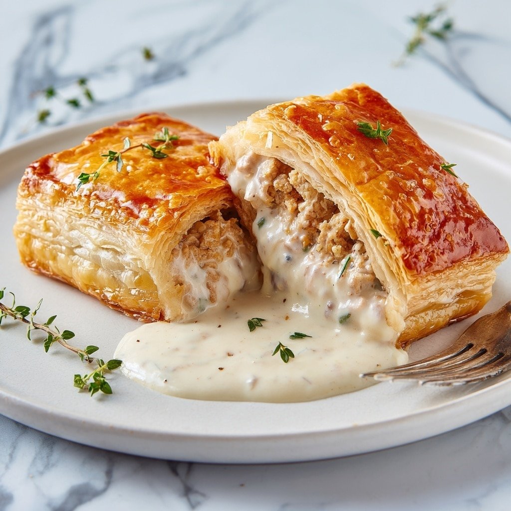 Chicken Wellington with Dijon Cream Sauce Recipe - Article Image 1 — Chicken Wellington with Dijon Cream Sauce, Chicken Wellington recipe, easy Chicken Wellington, elegant dinner ideas, savory puff pastry chicken