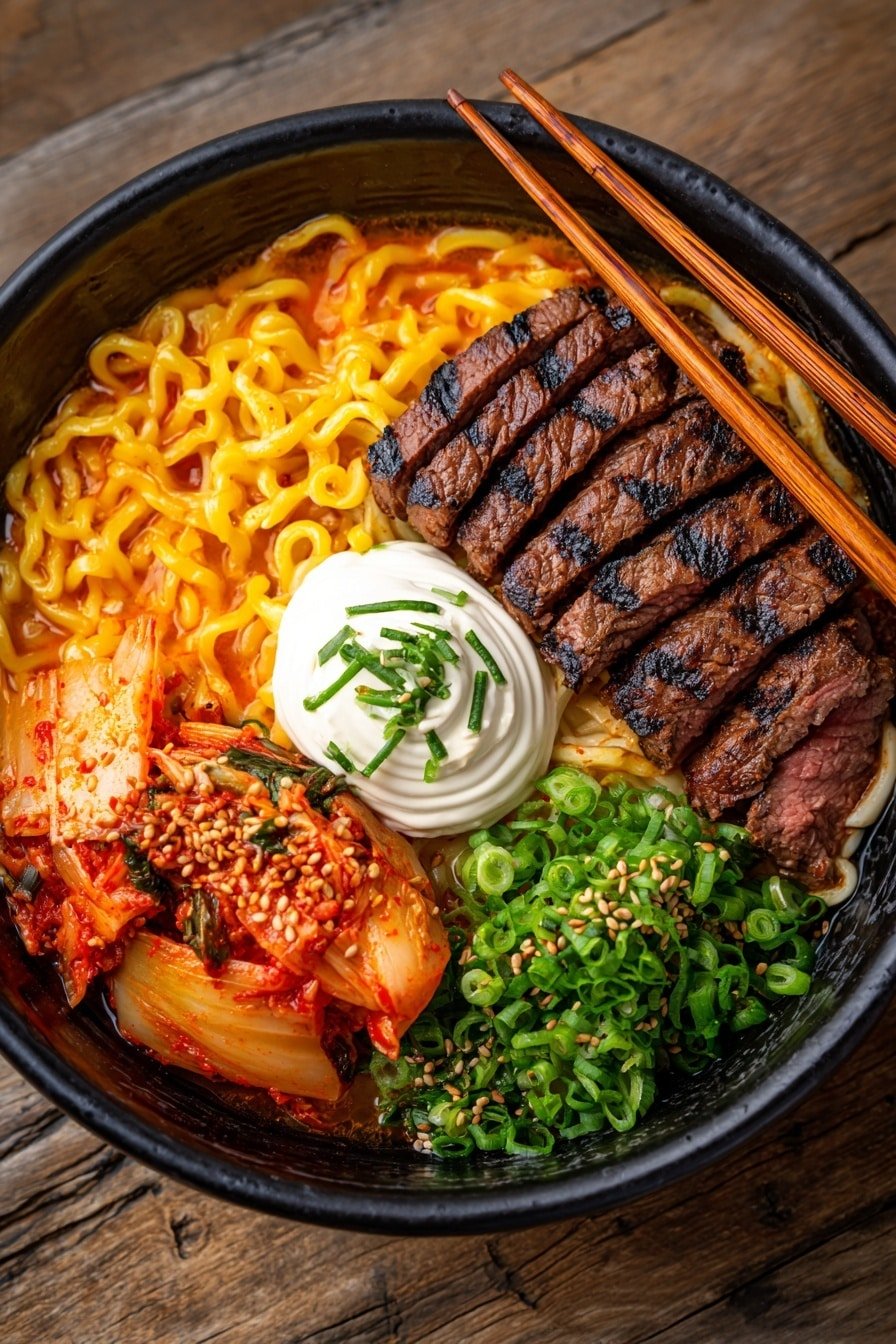 Spicy Korean Ramen with Creamy Sauce Recipe - Article Image 2 — Spicy Korean Ramen with Creamy Sauce, Korean spicy ramen, creamy sauce ramen, spicy ramen with steak, flavorful Korean noodle soup