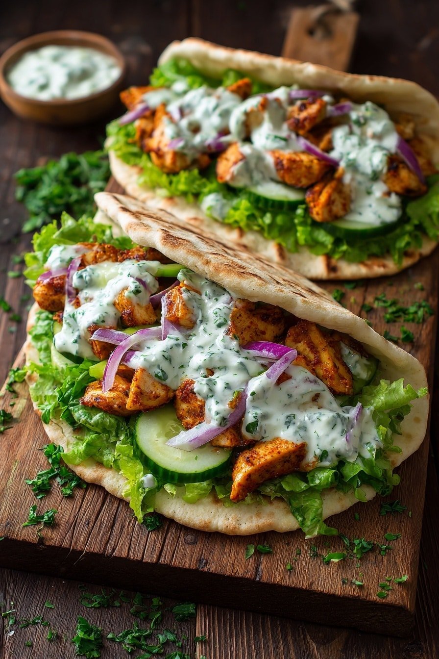 Two flatbreads each hold layered fillings, starting with a base of green leafy lettuce. On top of the lettuce are slices of fresh cucumber, followed by golden-brown cooked chicken pieces with a seasoned, slightly crispy texture. Thin purple onion slices are spread over the chicken, then a white creamy sauce with green herbs is drizzled over everything, creating a smooth, slightly runny appearance. The flatbreads are inside a wooden board with some scattered green herbs around. The photo taken with an iphone --ar 2:3 --v 7 — Sheet Pan Chicken Pitas with Tzatziki, healthy chicken pita ideas, easy Mediterranean dinner, quick chicken pita recipes, homemade tzatziki sauce
