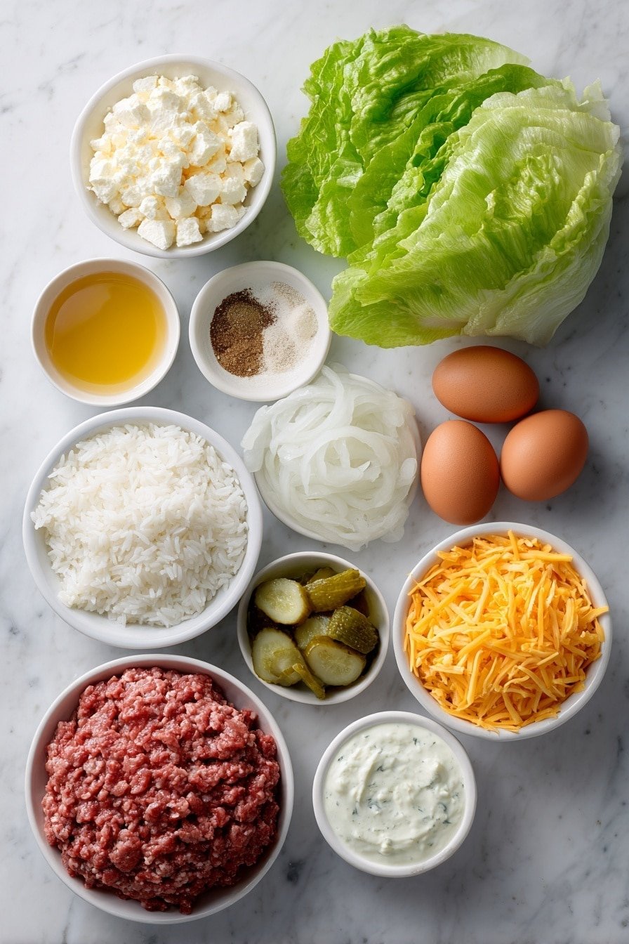 Crispy Rice Cheeseburger Salad Recipe - Ingredients Image — Crispy Rice Cheeseburger Salad, cheeseburger salad, crispy rice salad, savory ground beef salad, easy cheeseburger salad recipe