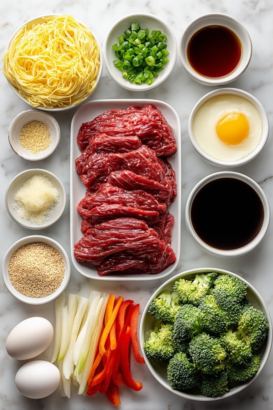 Savory Mongolian Beef Noodles Recipe - Ingredients Image — Savory Mongolian Beef Noodles, Mongolian beef stir-fry with noodles, Chinese beef noodle recipes, quick Mongolian beef dinner, hearty beef noodle bowls