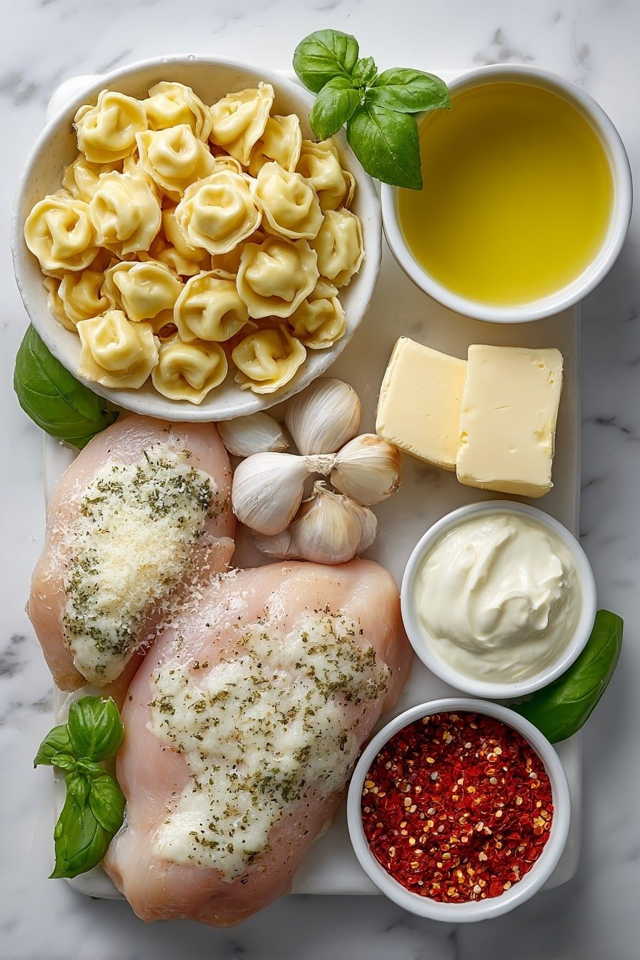 Creamy Spicy Garlic Chicken Tortellini Recipe - Ingredients Image — Creamy Spicy Garlic Chicken Tortellini, spicy garlic chicken pasta, creamy chicken tortellini recipe, easy flavorful pasta dinner, quick garlic chicken pasta