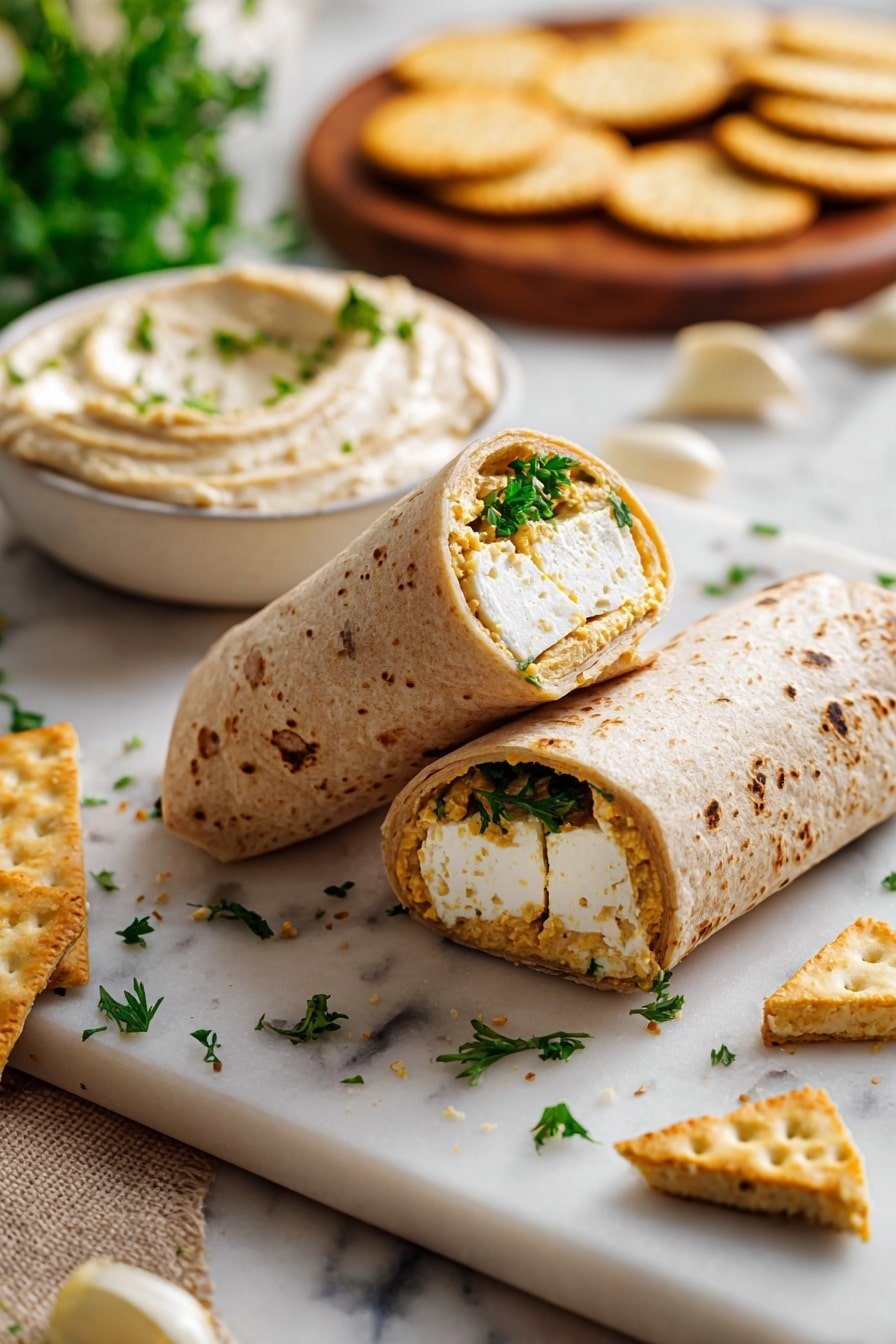 Four grilled wraps stacked on a large white plate with a few fresh green parsley leaves scattered around. Each wrap is filled with chunky pieces of light beige chicken and melted yellow cheese, with small green herb bits visible inside. The wraps have light brown grill marks on their thin, soft beige surface. In the background on the white marbled texture, there is a small bowl of creamy white sauce with green garnish and a whole garlic bulb. photo taken with an iphone --ar 2:3 --v 7 — Cheesy Garlic Chicken Wraps, cheesy garlic chicken wraps recipe, garlic chicken wrap ideas, easy chicken wrap recipes, flavorful chicken wraps