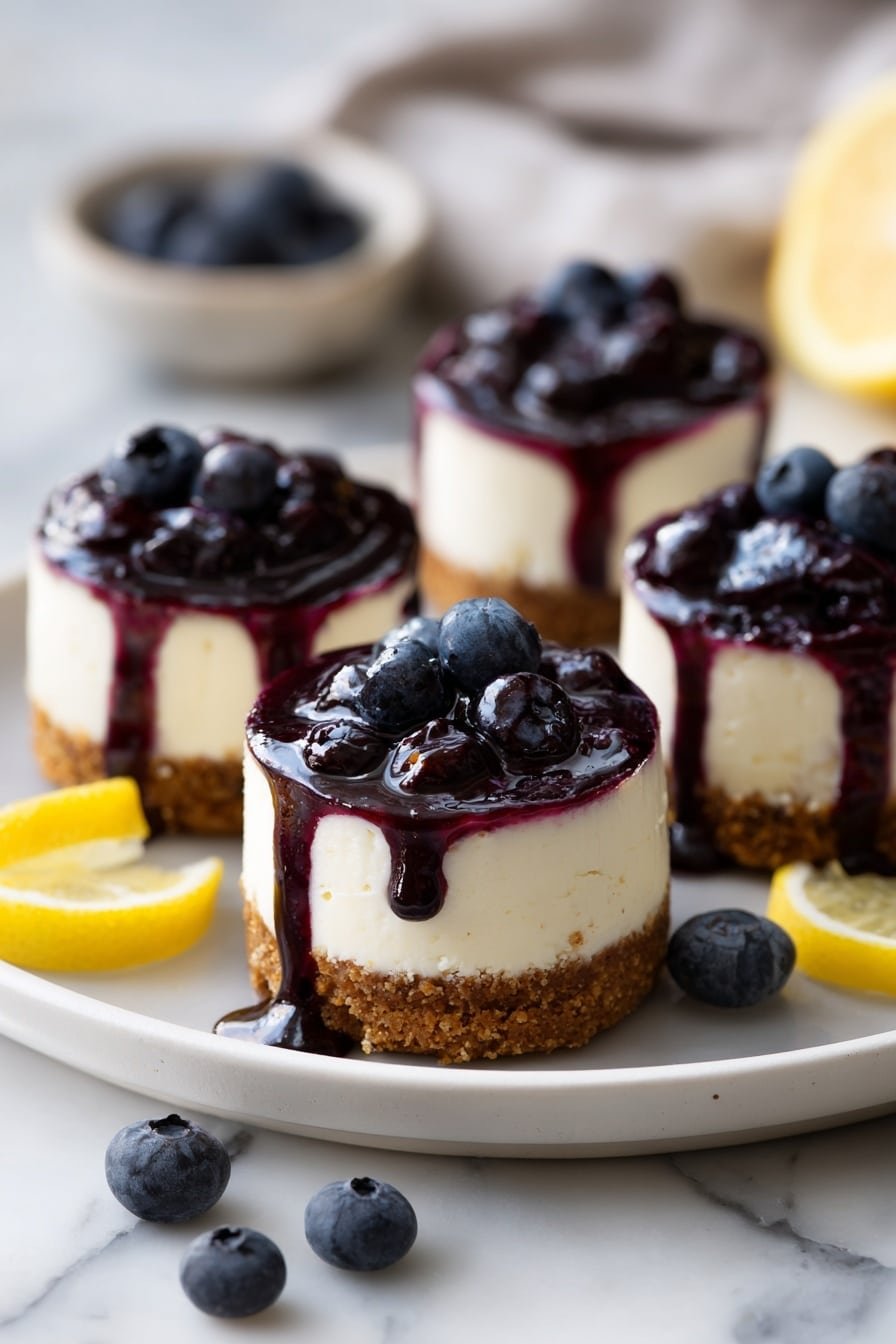 The image shows four small round cheesecakes on a white plate with a white marbled surface background. Each cheesecake has three layers: a bottom crumbly brown crust, a thick middle layer of smooth white creamy cheesecake, and a glossy dark purple blueberry topping with a swirling pattern that slightly drips down the sides. Around the plate, there are fresh blueberries and thin slices of lemon visible, adding a fresh touch. The photo is taken with an iphone --ar 2:3 --v 7 — Mini Lemon Blueberry Cheesecakes, lemon blueberry cheesecake, easy mini cheesecakes, blueberry dessert recipes, no-bake cheesecake bites
