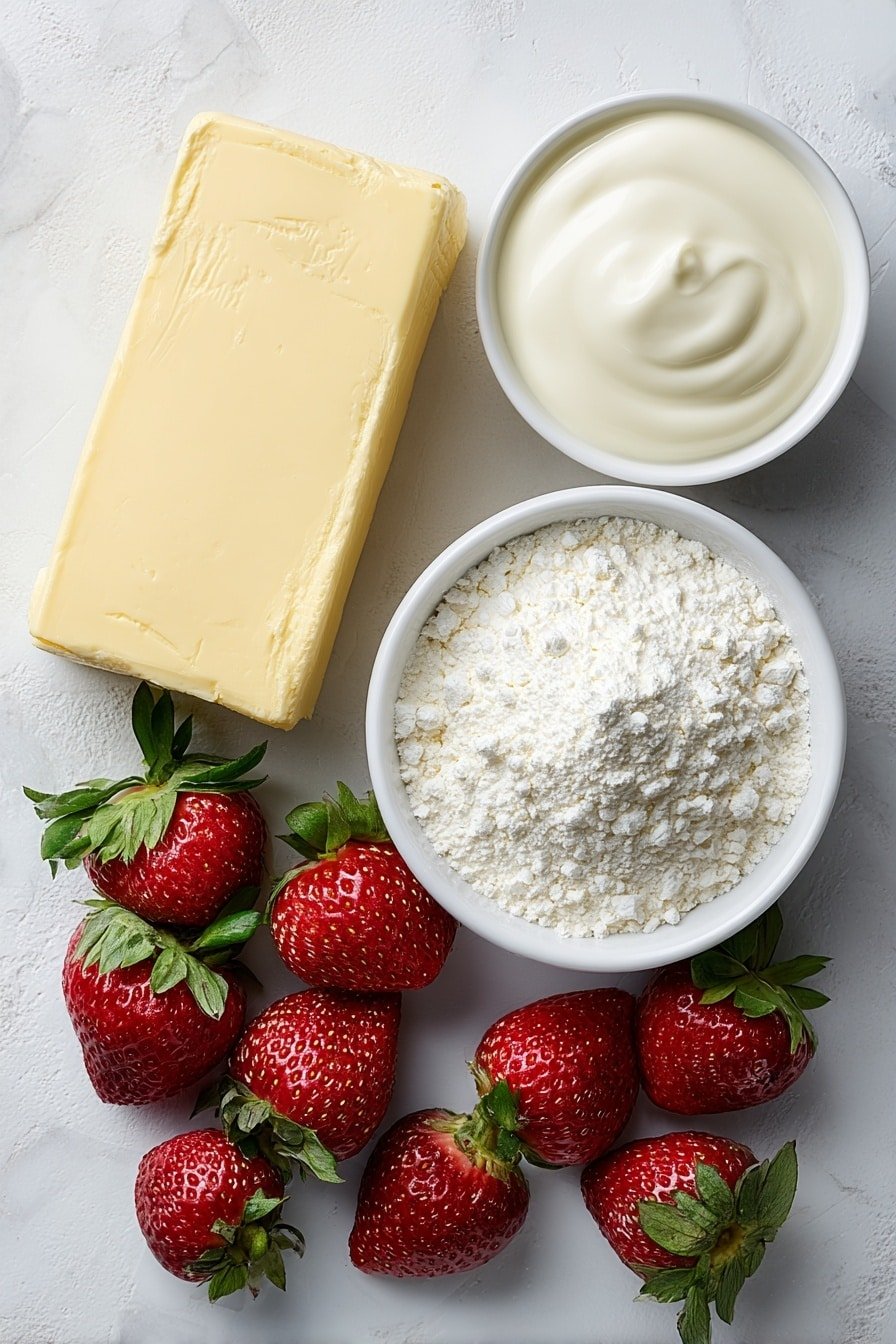 Flat lay of a small block of cream cheese with smooth texture, a small white bowl of creamy yogurt, a small white bowl filled with fine powdered sugar, five fresh ripe strawberries with bright red color and green leafy tops, and a tiny white bowl with a dollop of glossy vanilla bean paste placed neatly and symmetrically on a simple white ceramic surface, all ingredients fresh and natural, placed on a clean white marble surface, soft natural light, photo taken with an iPhone, professional food photography style, fresh ingredients, white ceramic bowls, no bottles, no duplicates, no utensils, no packaging --ar 2:3 --v 7 --p m7354639359234015250 — Strawberry Mousse Cream Cheese, strawberry mousse dessert, easy strawberry mousse recipe, creamy strawberry mousse, fruit-based mousse dessert