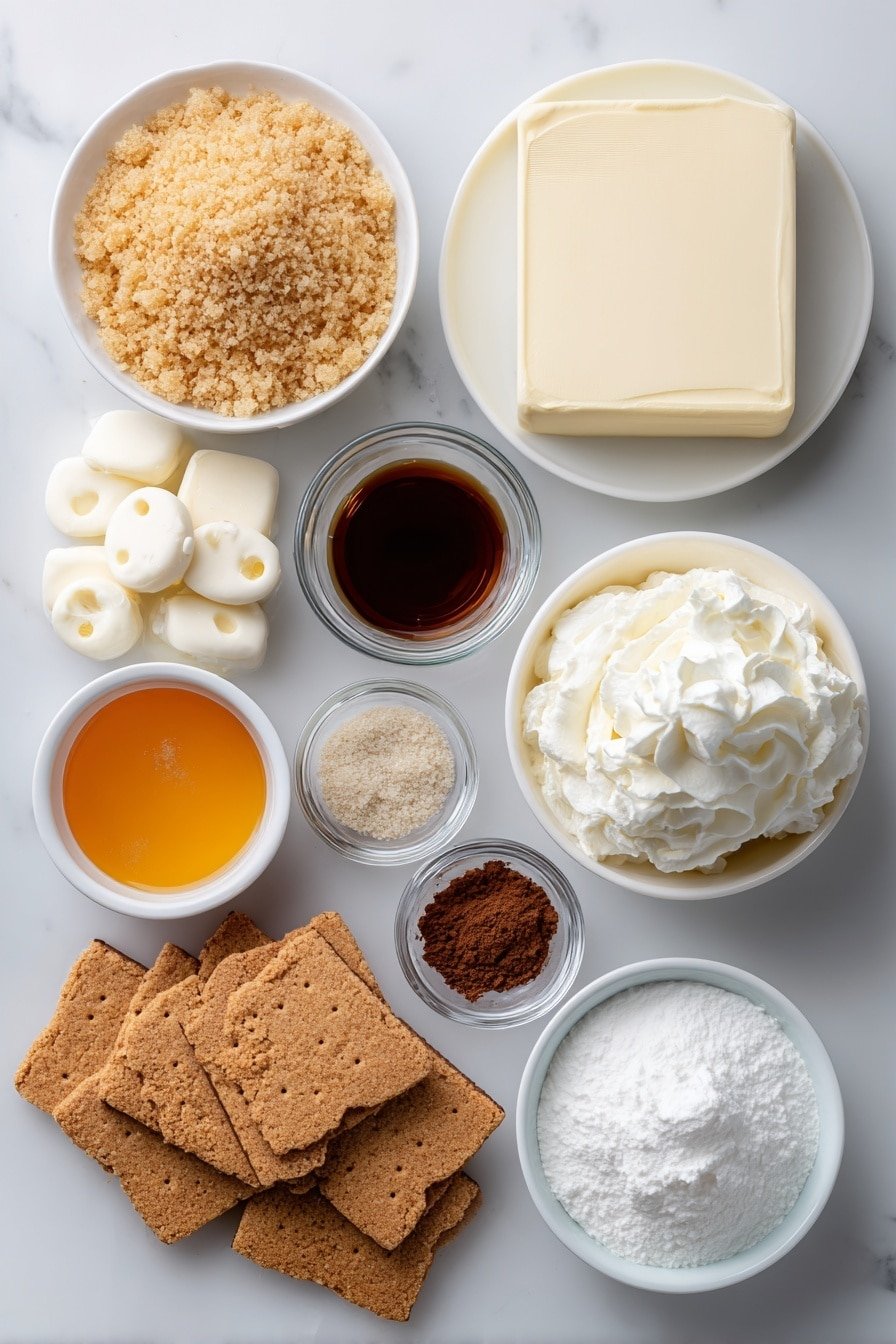 Flat lay of a small pile of golden graham cracker crumbs, a simple white bowl of melted golden butter, a small white bowl filled with light brown sugar crystals, a smooth block of creamy white cream cheese, a small white bowl of bright orange pumpkin purée, a small white bowl of fine brown sugar, a small white bowl holding amber vanilla extract, a small white bowl with warm brown cinnamon powder, a small white bowl with light brown nutmeg powder, a small white bowl of pale beige ginger powder, a small white bowl with dark brown cloves powder, a dollop of fluffy white whipped topping on a simple white plate, a small white bowl of heavy cream, a small white bowl of powdered white sugar, a small white bowl of clear vanilla extract, a few round mini cookies with golden brown texture, a pair of small white candy eyes, all arranged in perfect symmetry, placed on a clean white marble surface, soft natural light, photo taken with an iPhone, professional food photography style, fresh ingredients, white ceramic bowls, no bottles, no duplicates, no utensils, no packaging --ar 2:3 --v 7 --p m7354639359234015250 — Spooky Pumpkin Cheesecake Jars, pumpkin cheesecake dessert, fall dessert recipes, Halloween dessert ideas, cozy autumn treats